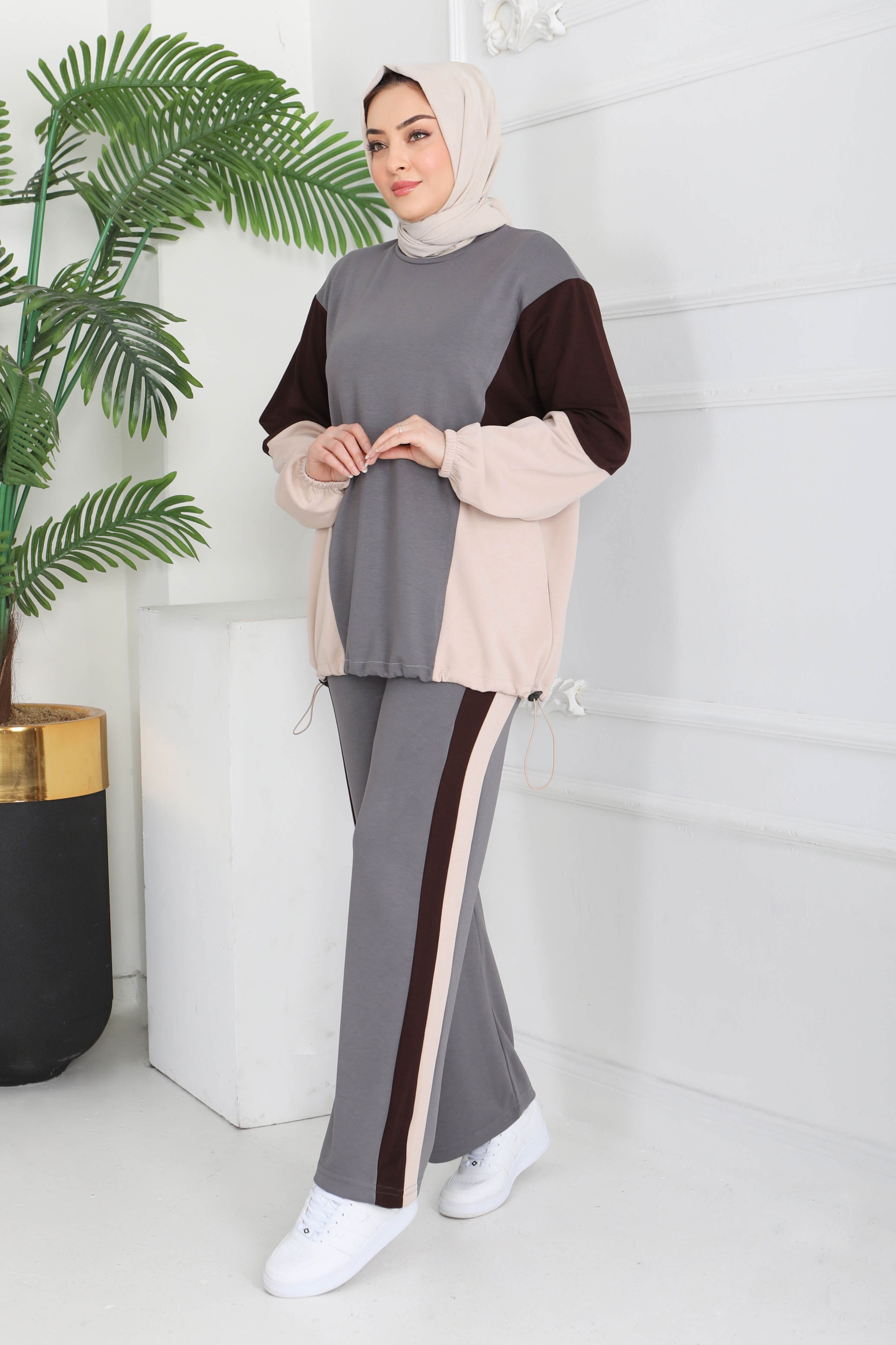 Garni Lastik Detaylı Modal İkili Takım - 1003-FUME-KAHVE - 1