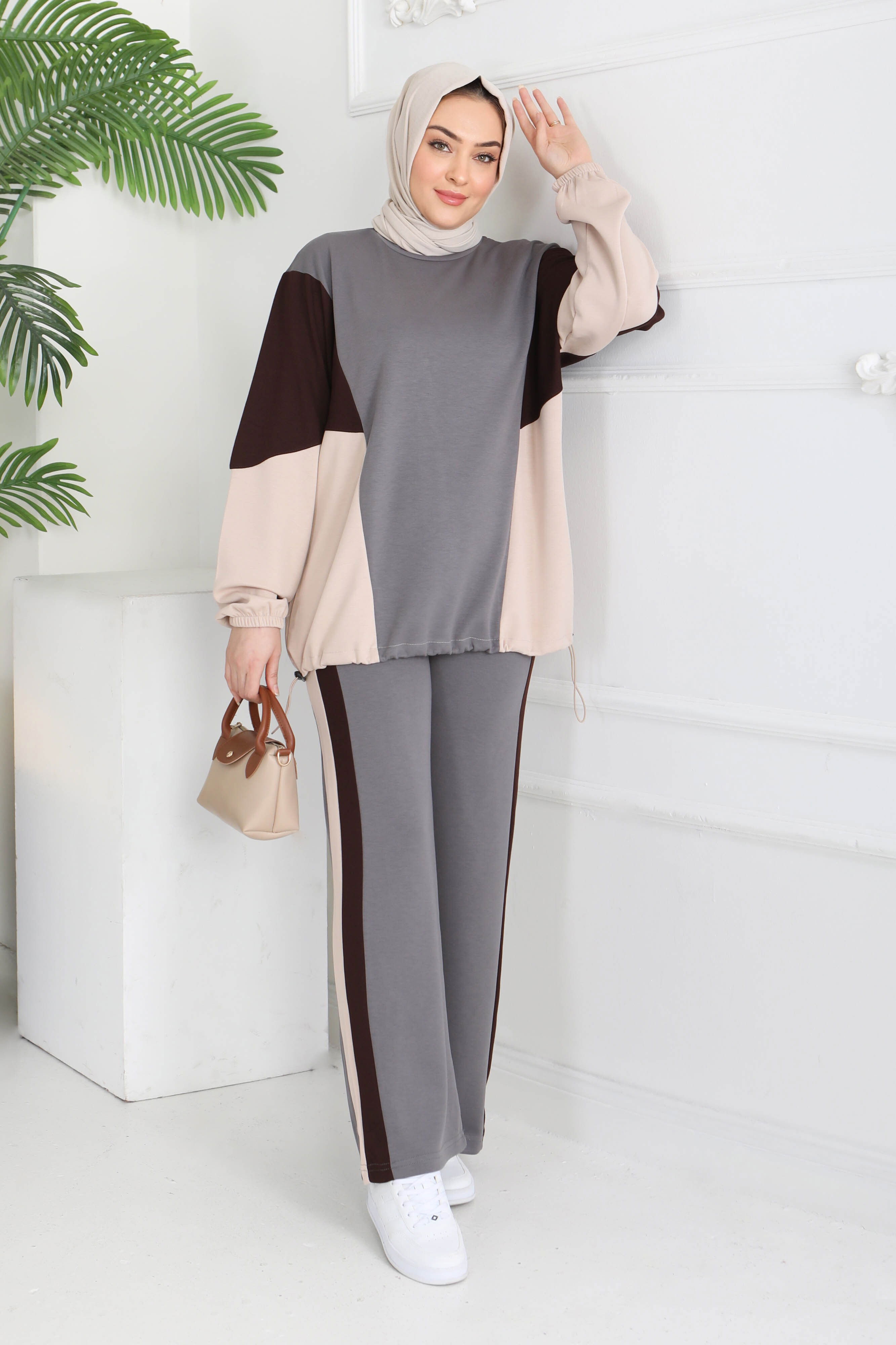 Garni Lastik Detaylı Modal İkili Takım - 1003-FUME-KAHVE - 2