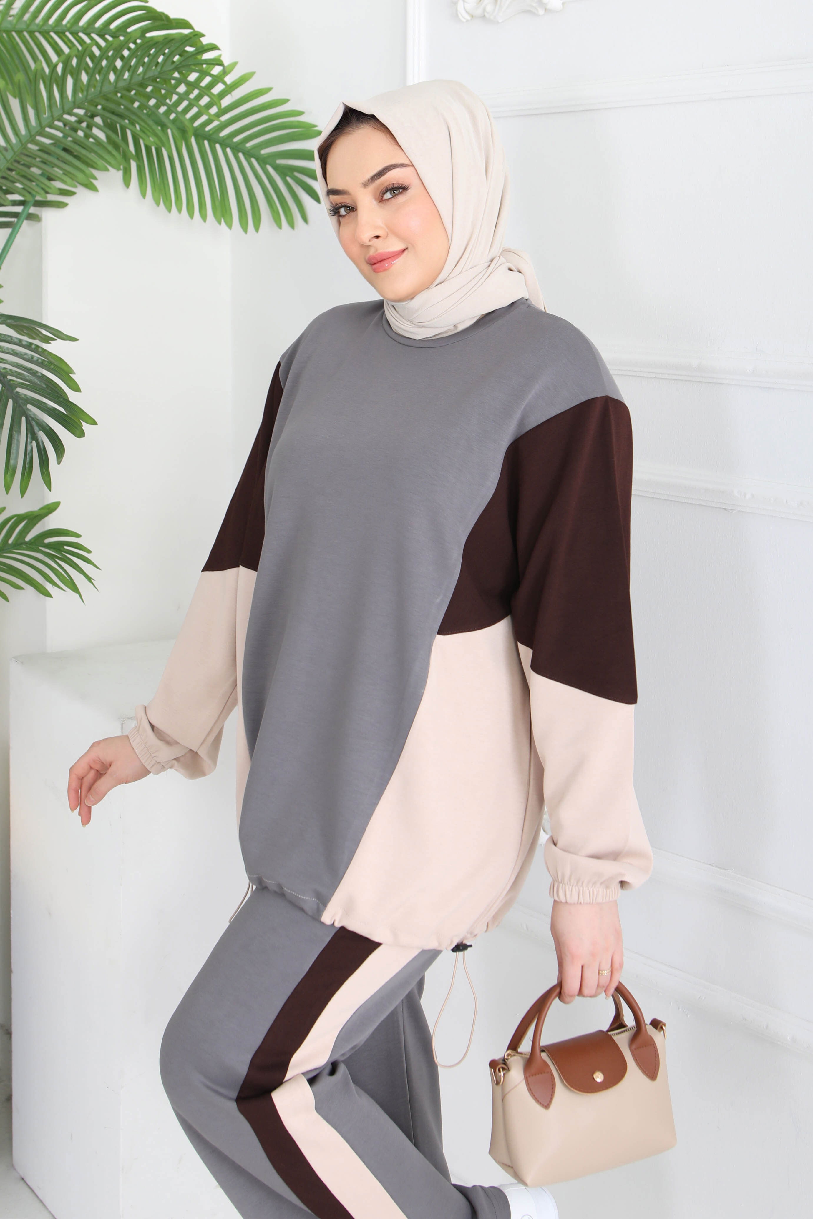 Garni Lastik Detaylı Modal İkili Takım - 1003-FUME-KAHVE - 3