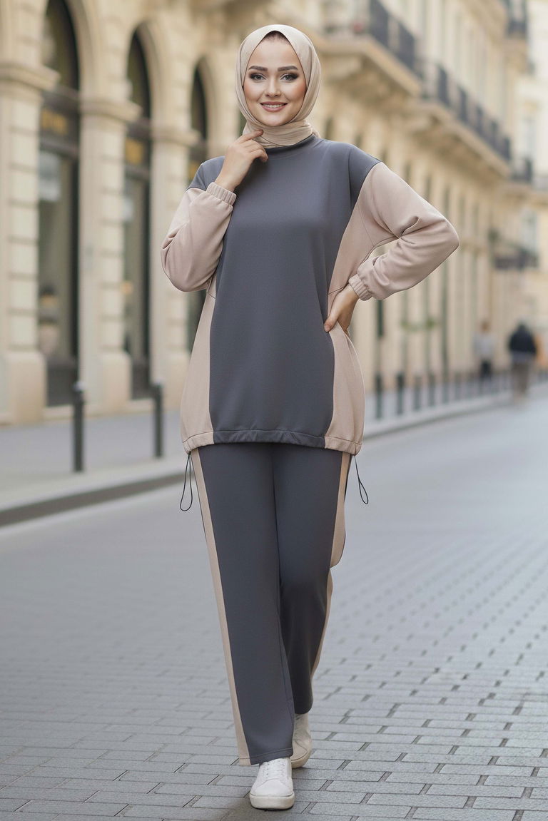 Garni Lastik Detaylı Modal İkili Takım - 1003-FUME - TOFİSA