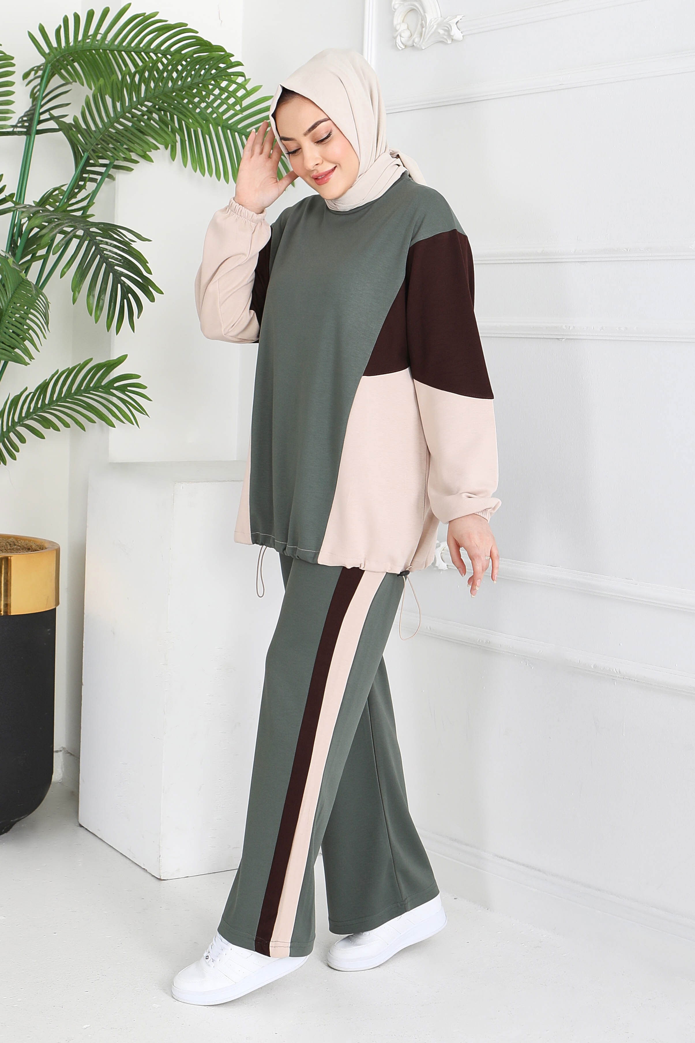 Garni Lastik Detaylı Modal İkili Takım - 1003-HAKI-KAHVE - 1