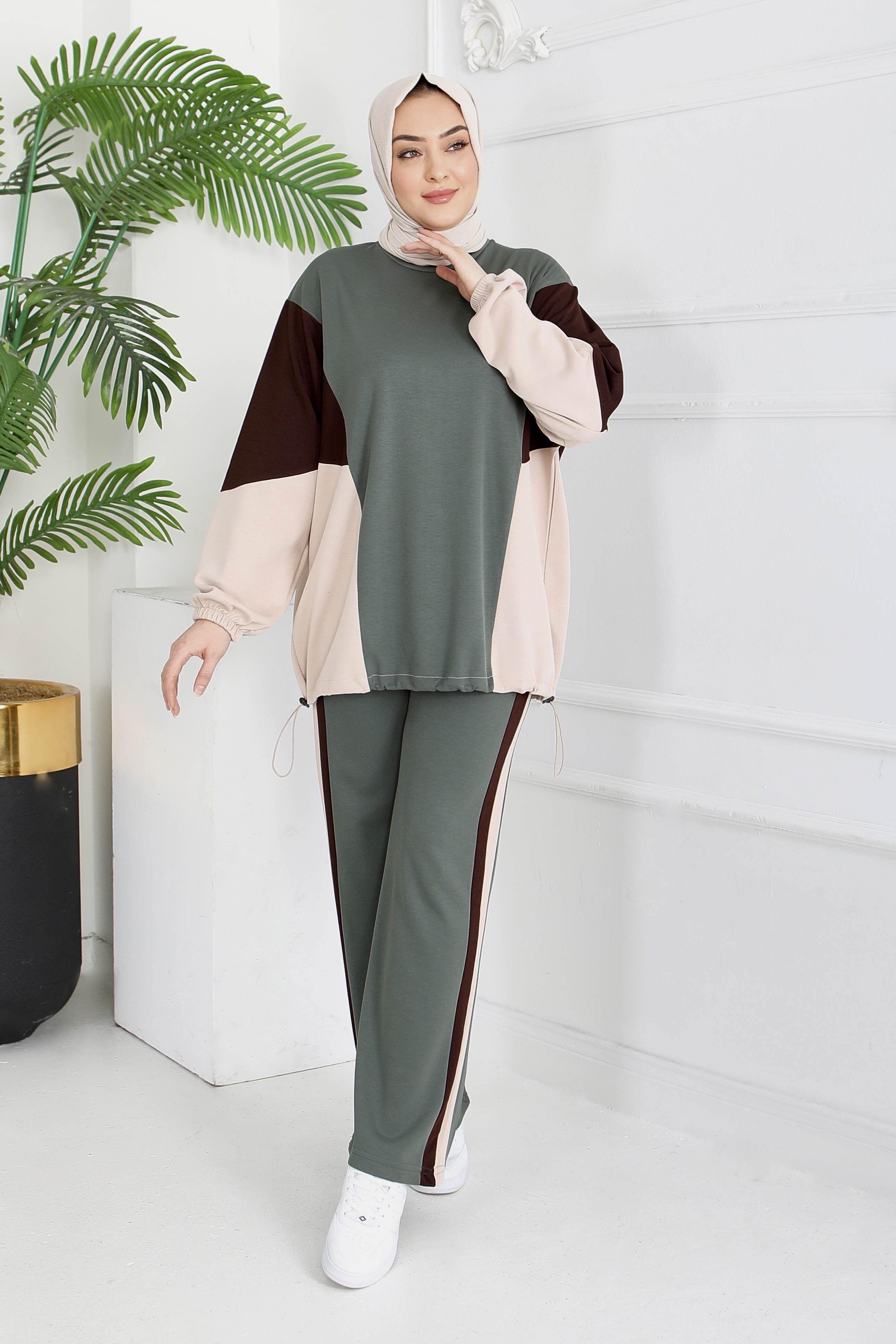 Garni Lastik Detaylı Modal İkili Takım - 1003-HAKI-KAHVE - 2