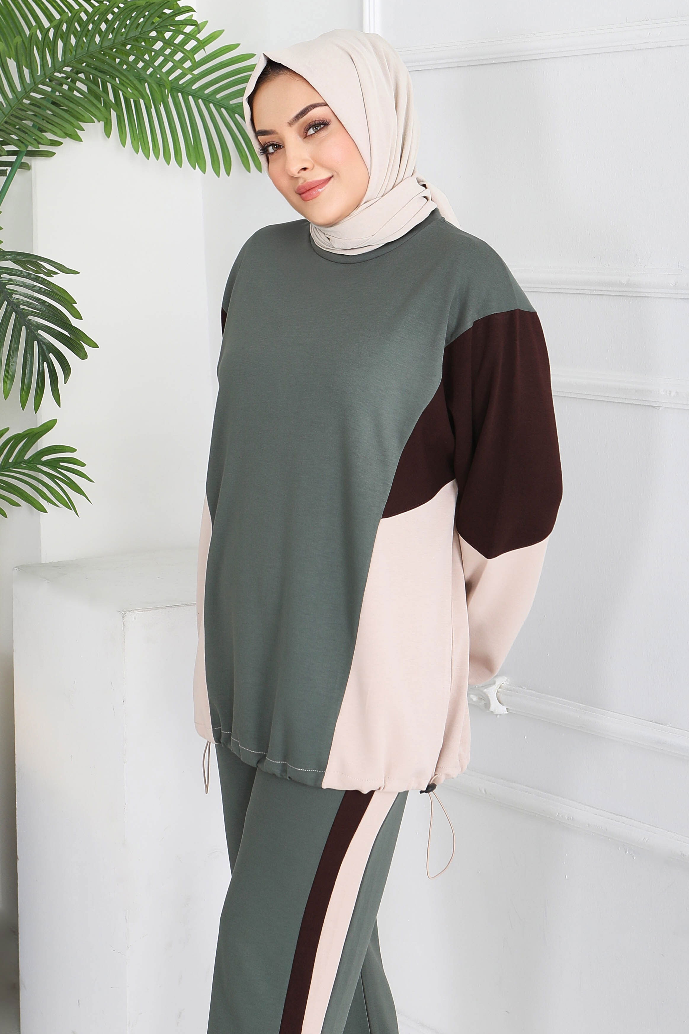 Garni Lastik Detaylı Modal İkili Takım - 1003-HAKI-KAHVE - 3