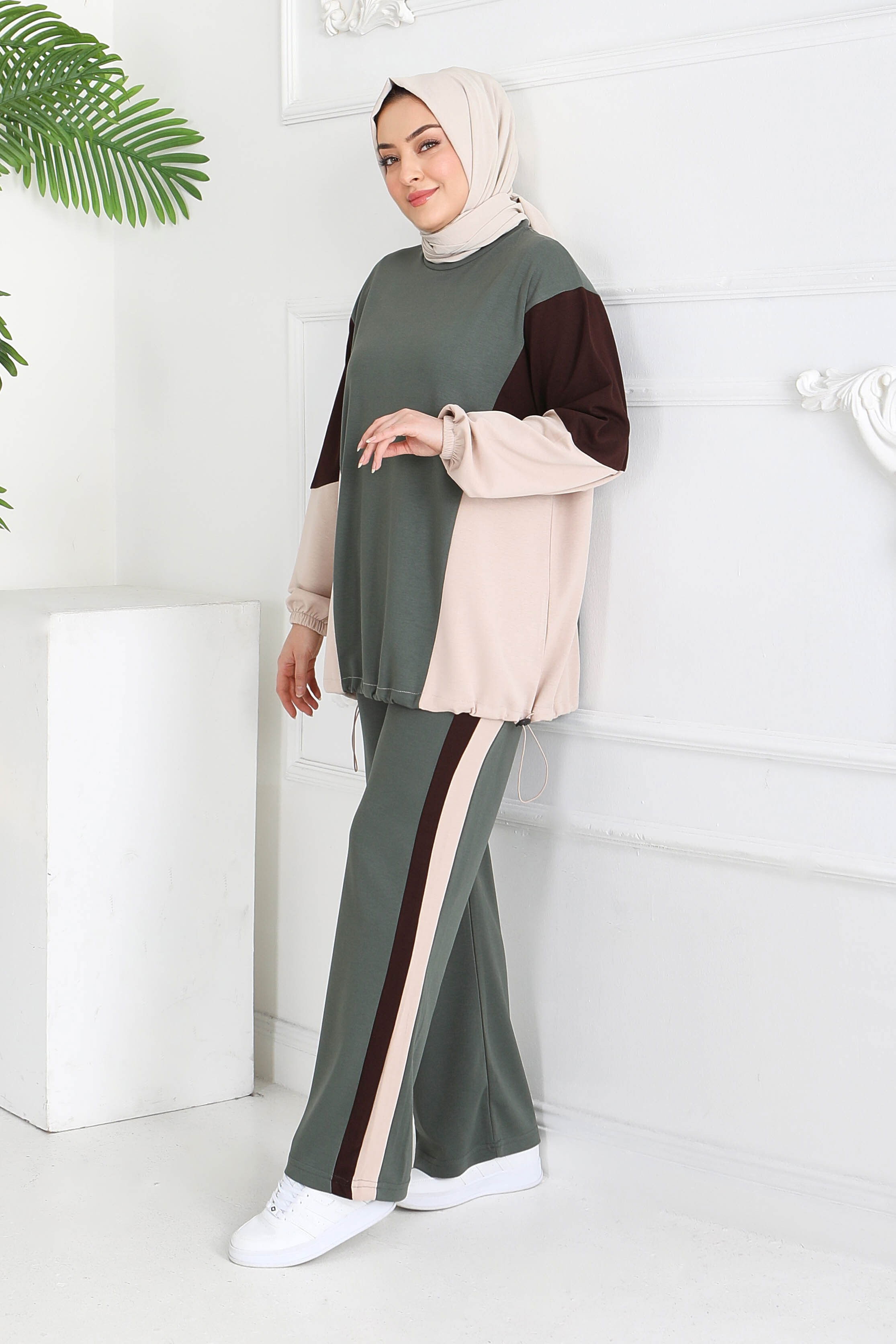 Garni Lastik Detaylı Modal İkili Takım - 1003-HAKI-KAHVE - 4