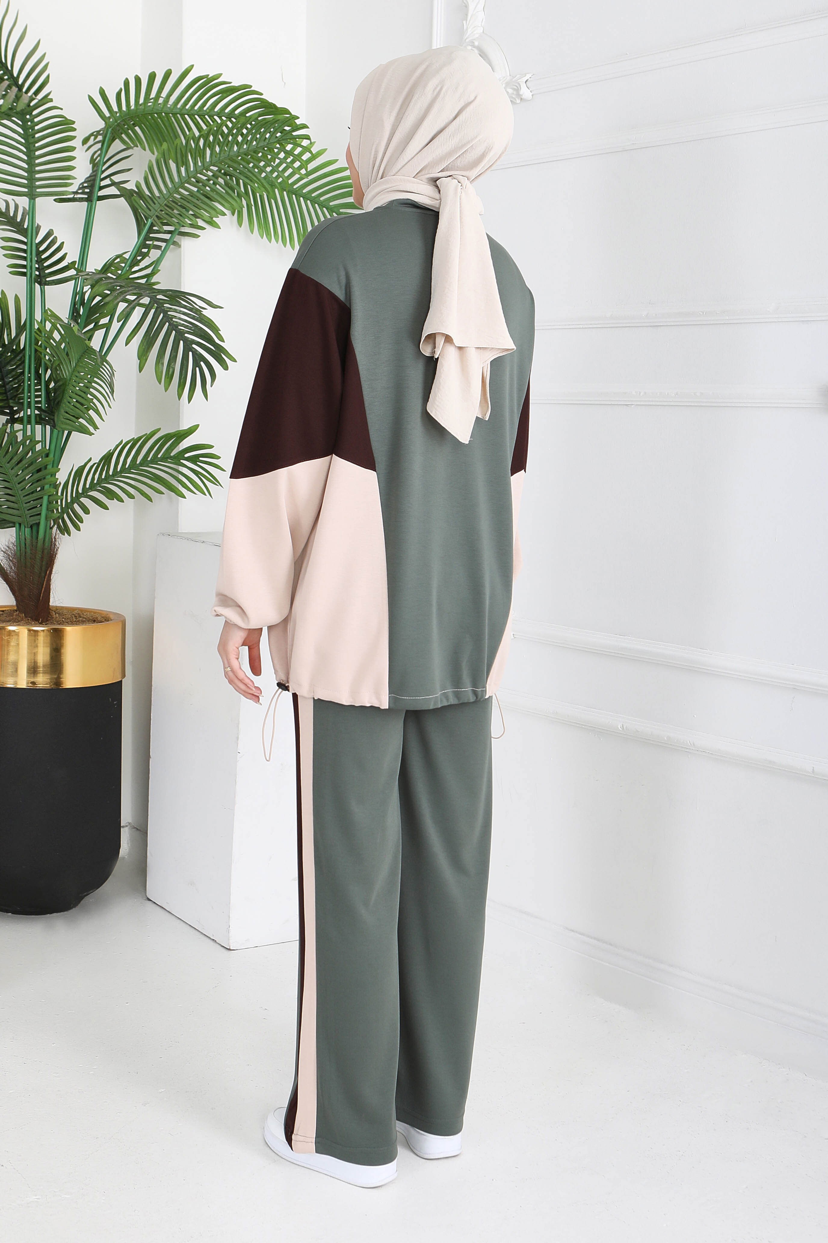 Garni Lastik Detaylı Modal İkili Takım - 1003-HAKI-KAHVE - 5