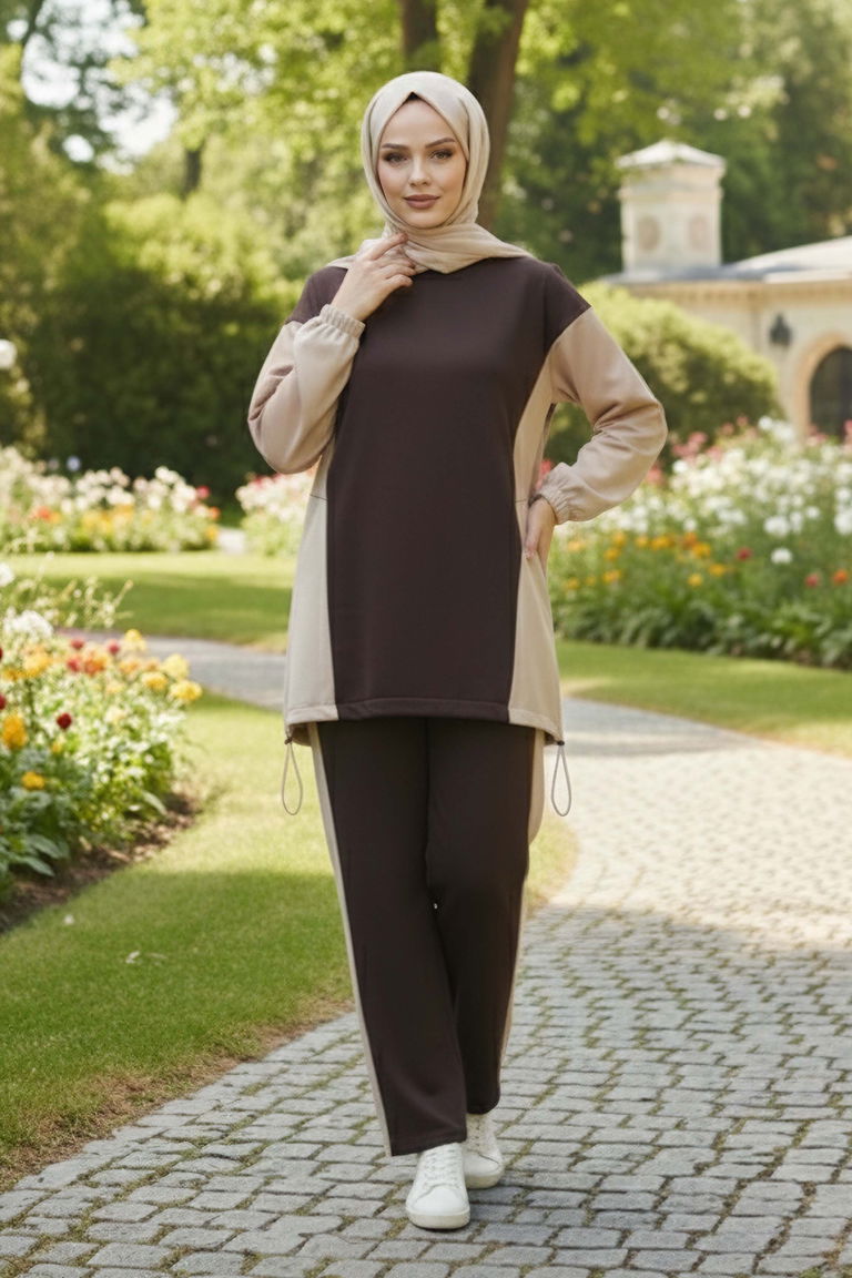 Garni Lastik Detaylı Modal İkili Takım - 1003-KAHVE - TOFİSA