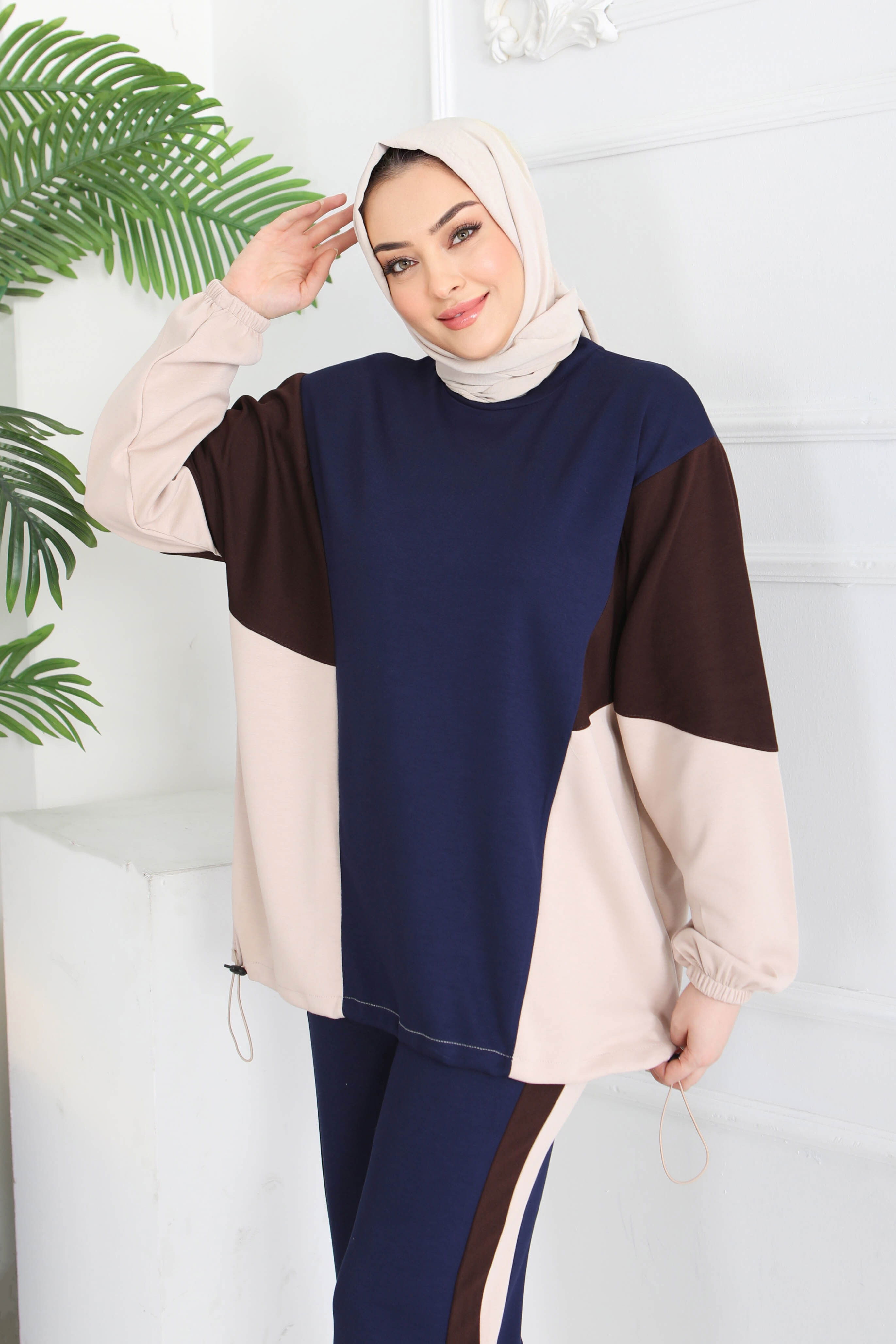 Garni Lastik Detaylı Modal İkili Takım - 1003-LACIVERT-KAHVE - 3