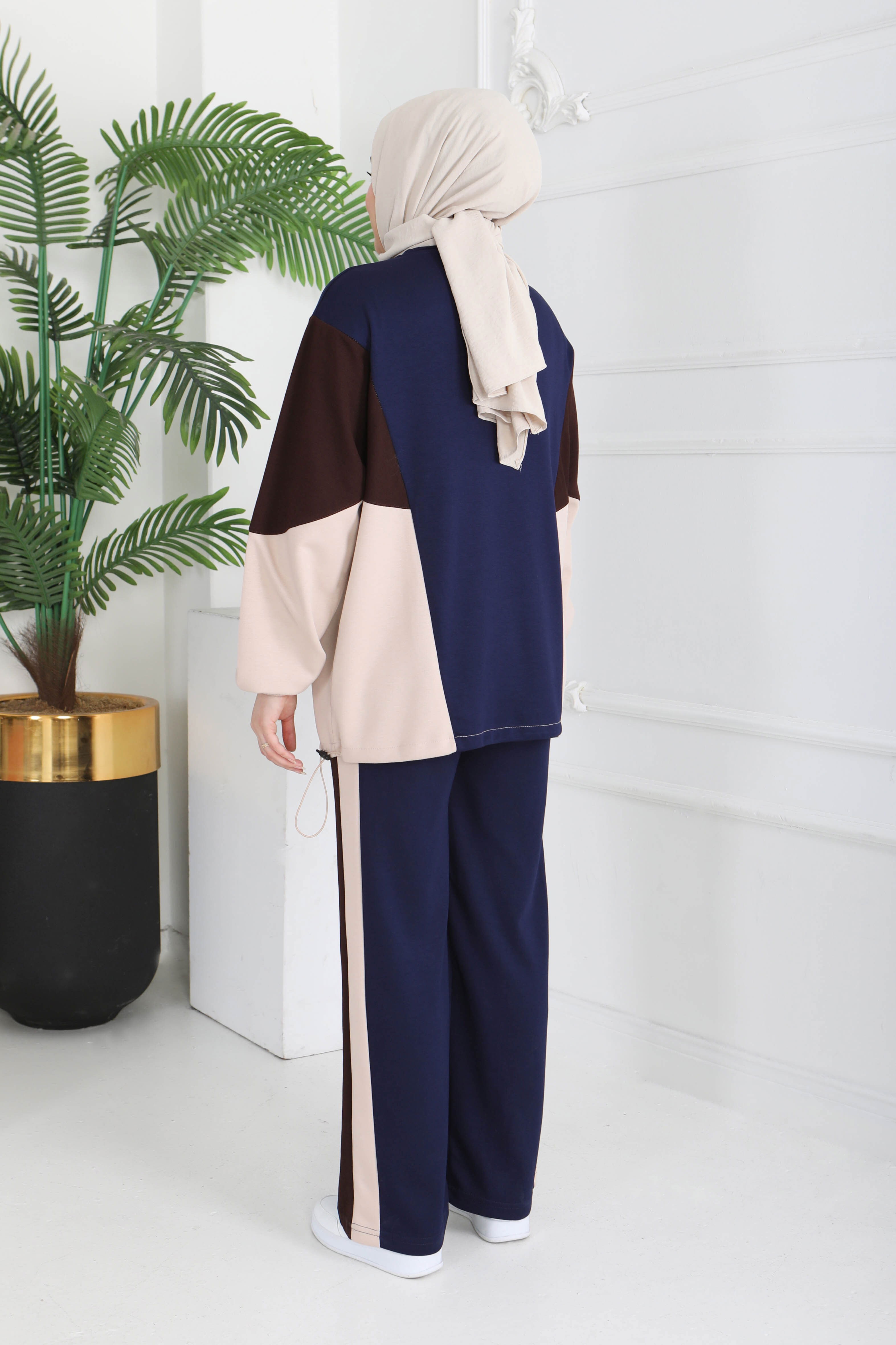 Garni Lastik Detaylı Modal İkili Takım - 1003-LACIVERT-KAHVE - 5