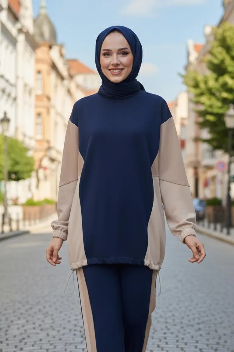 Garni Lastik Detaylı Modal İkili Takım - 1003-LACIVERT - TOFİSA