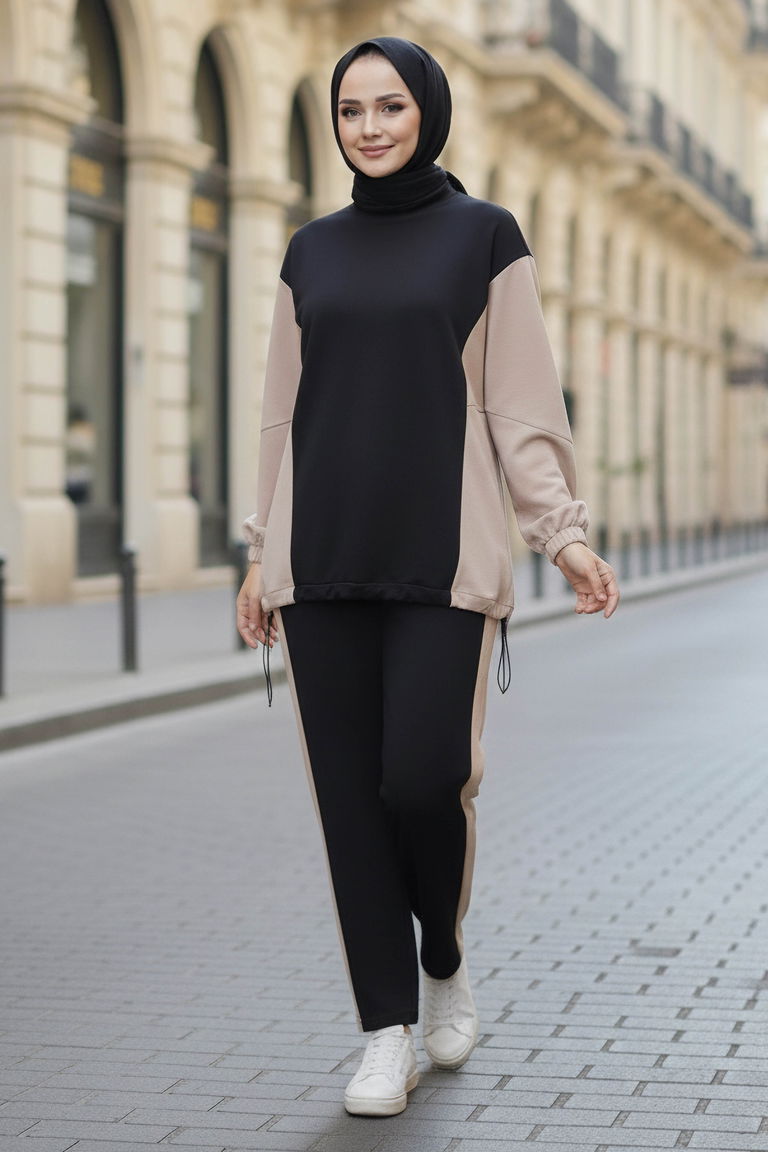 Garni Lastik Detaylı Modal İkili Takım - 1003-SIYAH - TOFİSA