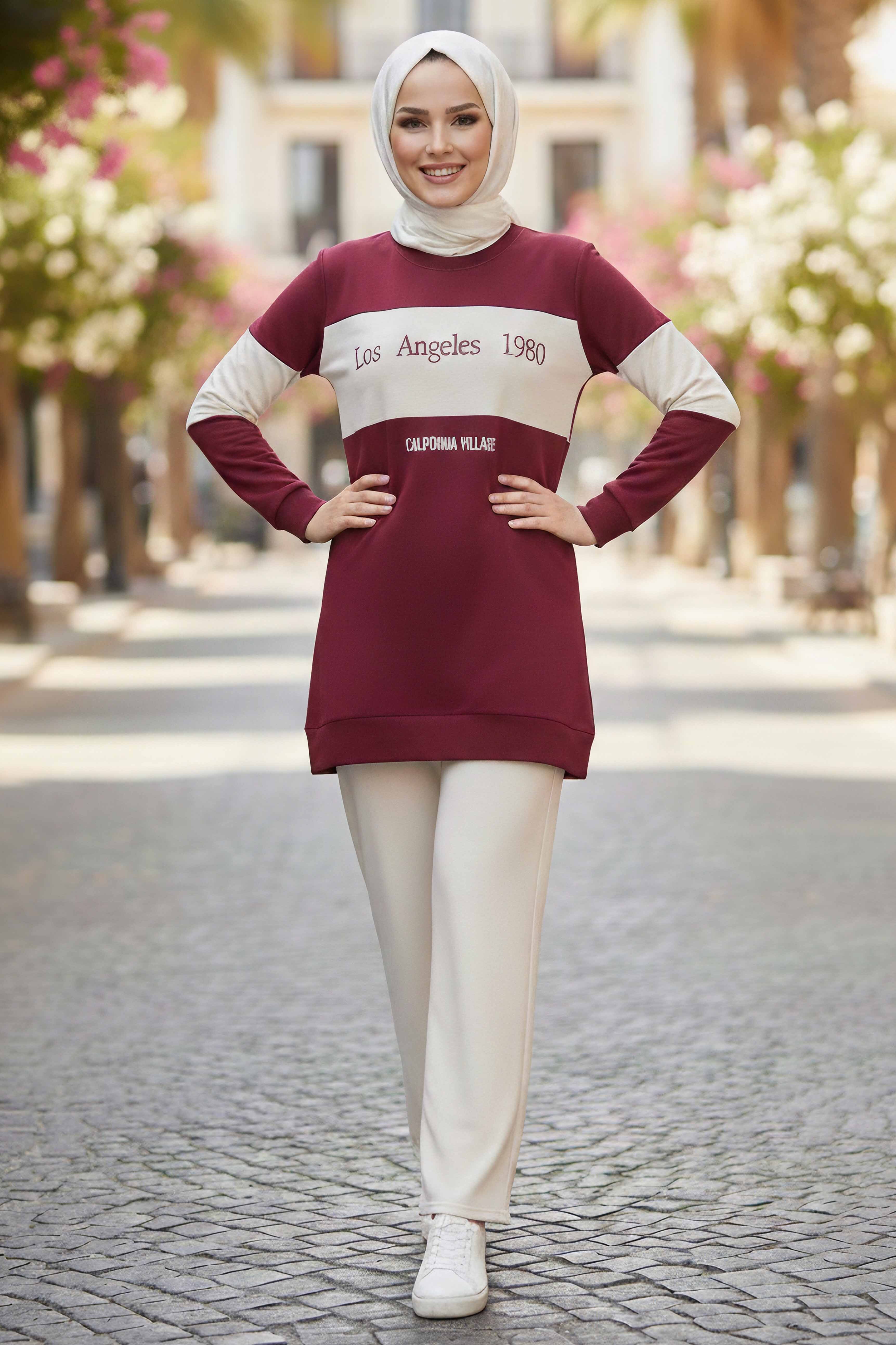 Garnili Baskılı İki İplik Takım - 2063-BORDO - 1