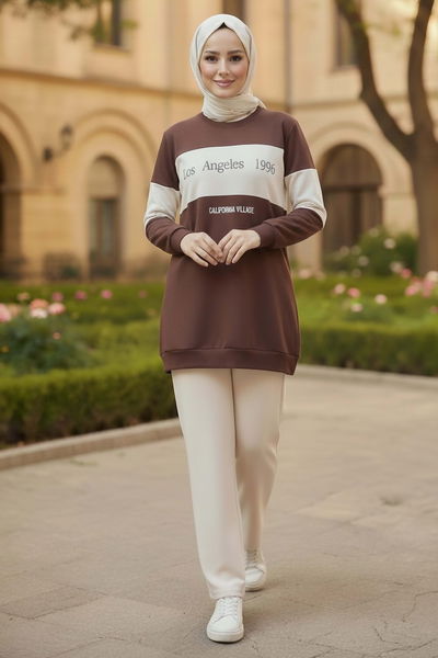 Garnili Baskılı İki İplik Takım - 2063-KAHVE 