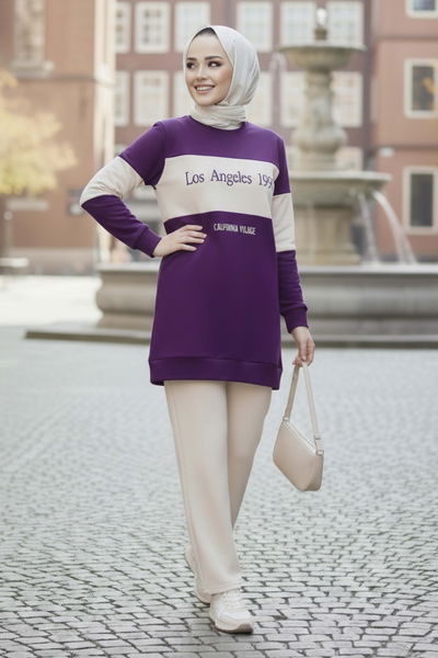 Garnili Baskılı İki İplik Takım - 2063-MOR 