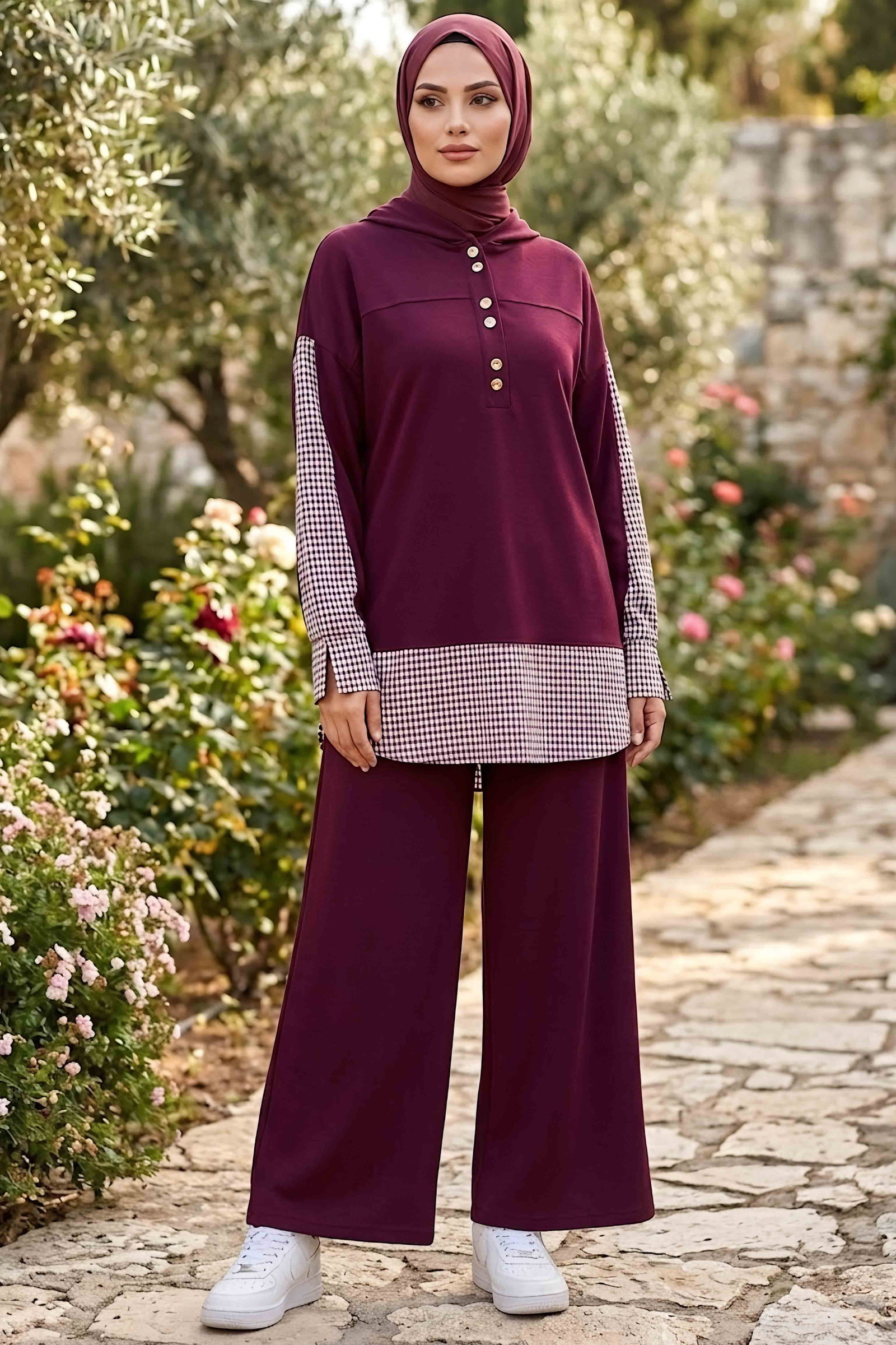 Garnili Düğmeli Oysh Modal İkili Takım Bordo - 28961-BORDO - 1