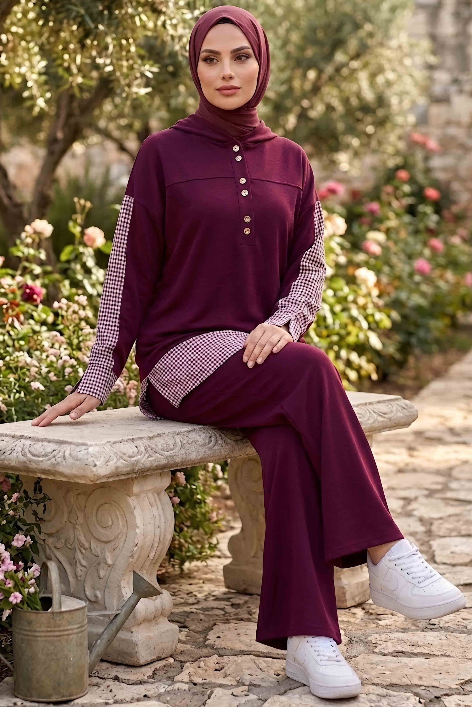 Garnili Düğmeli Oysh Modal İkili Takım Bordo - 28961-BORDO - 2