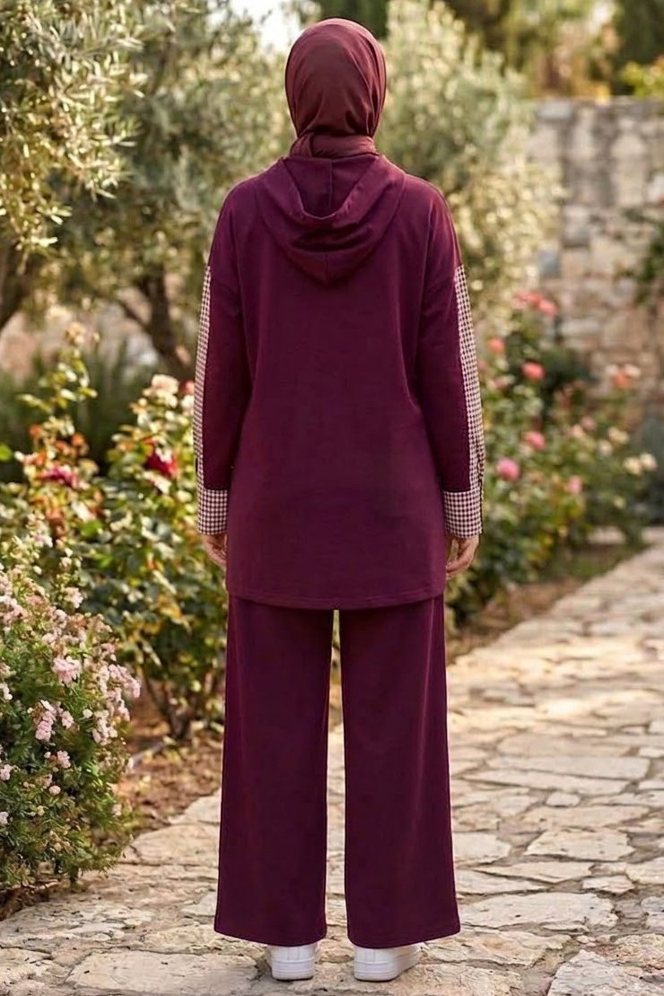 Garnili Düğmeli Oysh Modal İkili Takım Bordo - 28961-BORDO - 3