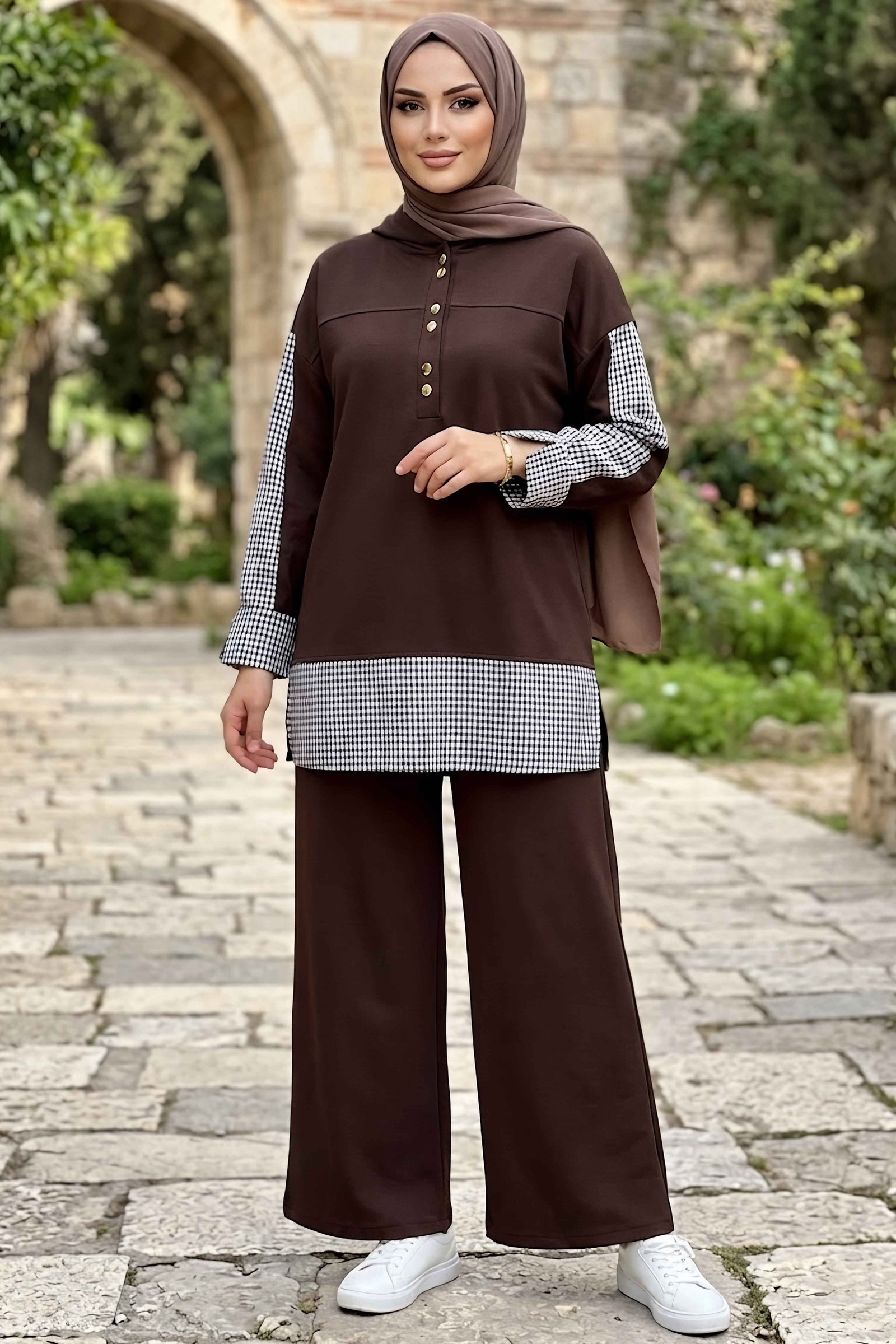 Garnili Düğmeli Oysh Modal İkili Takım Kahve - 28961-KAHVE - 1