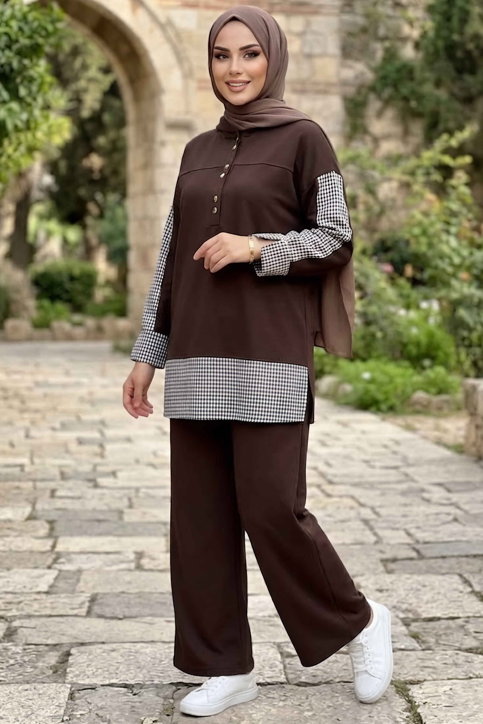 Garnili Düğmeli Oysh Modal İkili Takım Kahve - 28961-KAHVE - 2