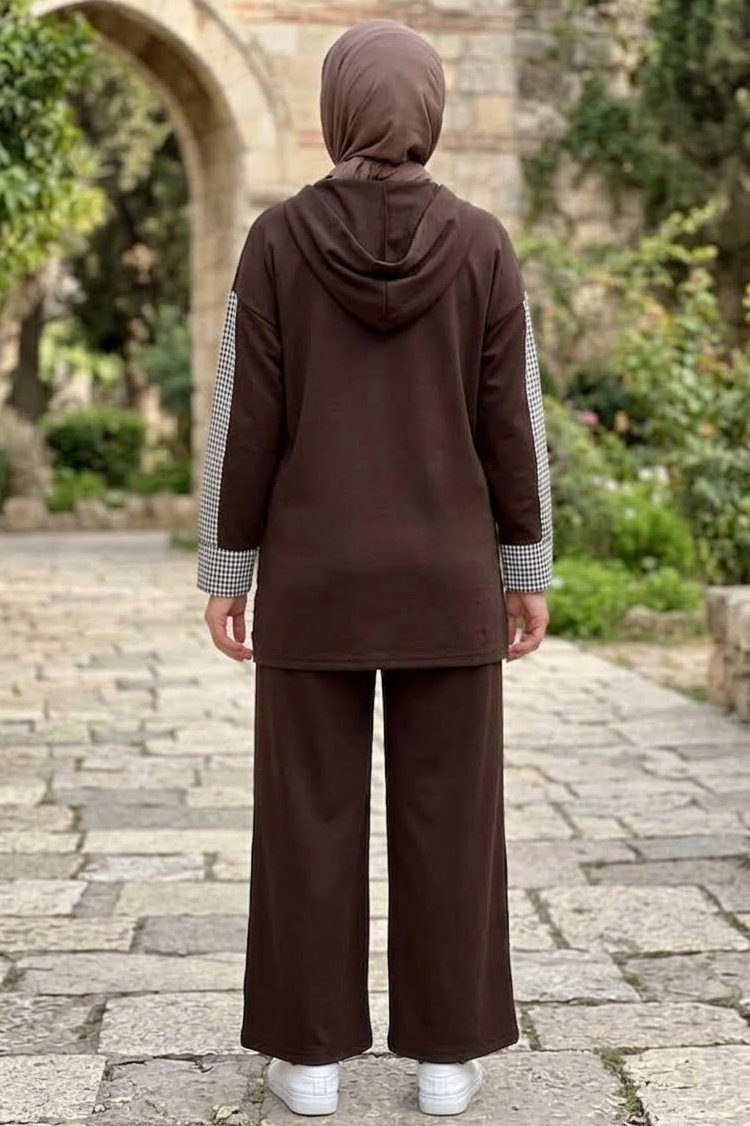 Garnili Düğmeli Oysh Modal İkili Takım Kahve - 28961-KAHVE - 3