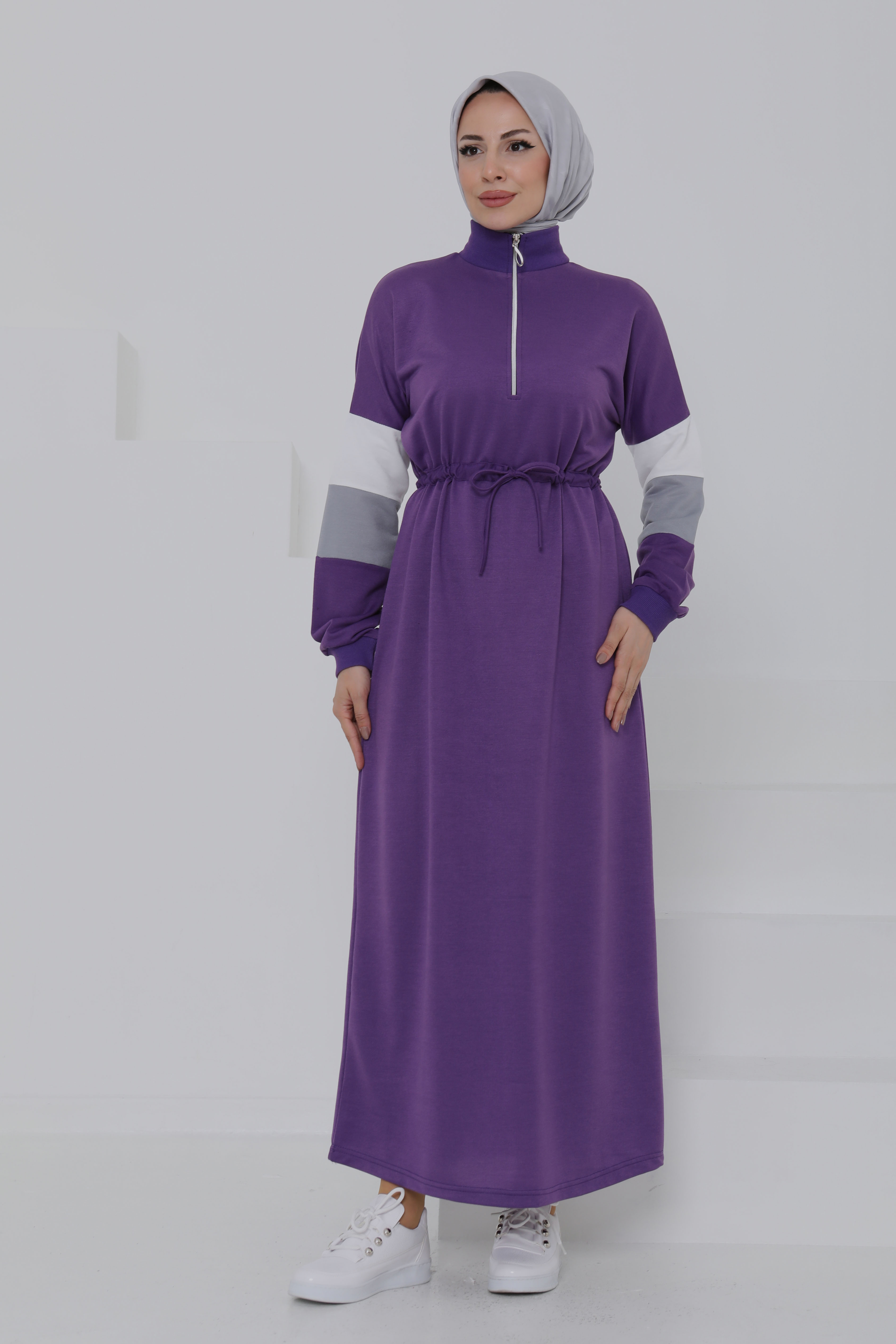 Garnili Fermuarlı Elbise Mor - 27047 - 1