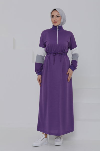 Garnili Fermuarlı Elbise Mor - 27047 