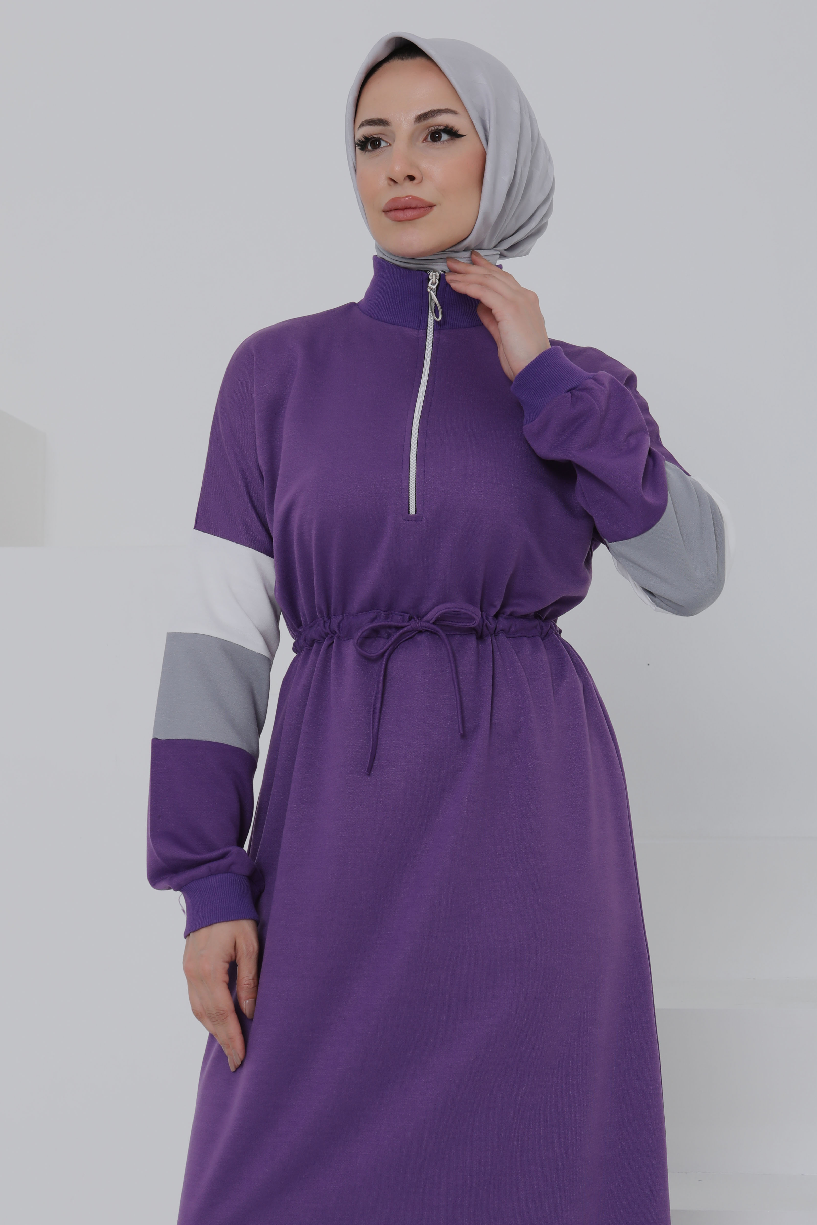Garnili Fermuarlı Elbise Mor - 27047 - 3