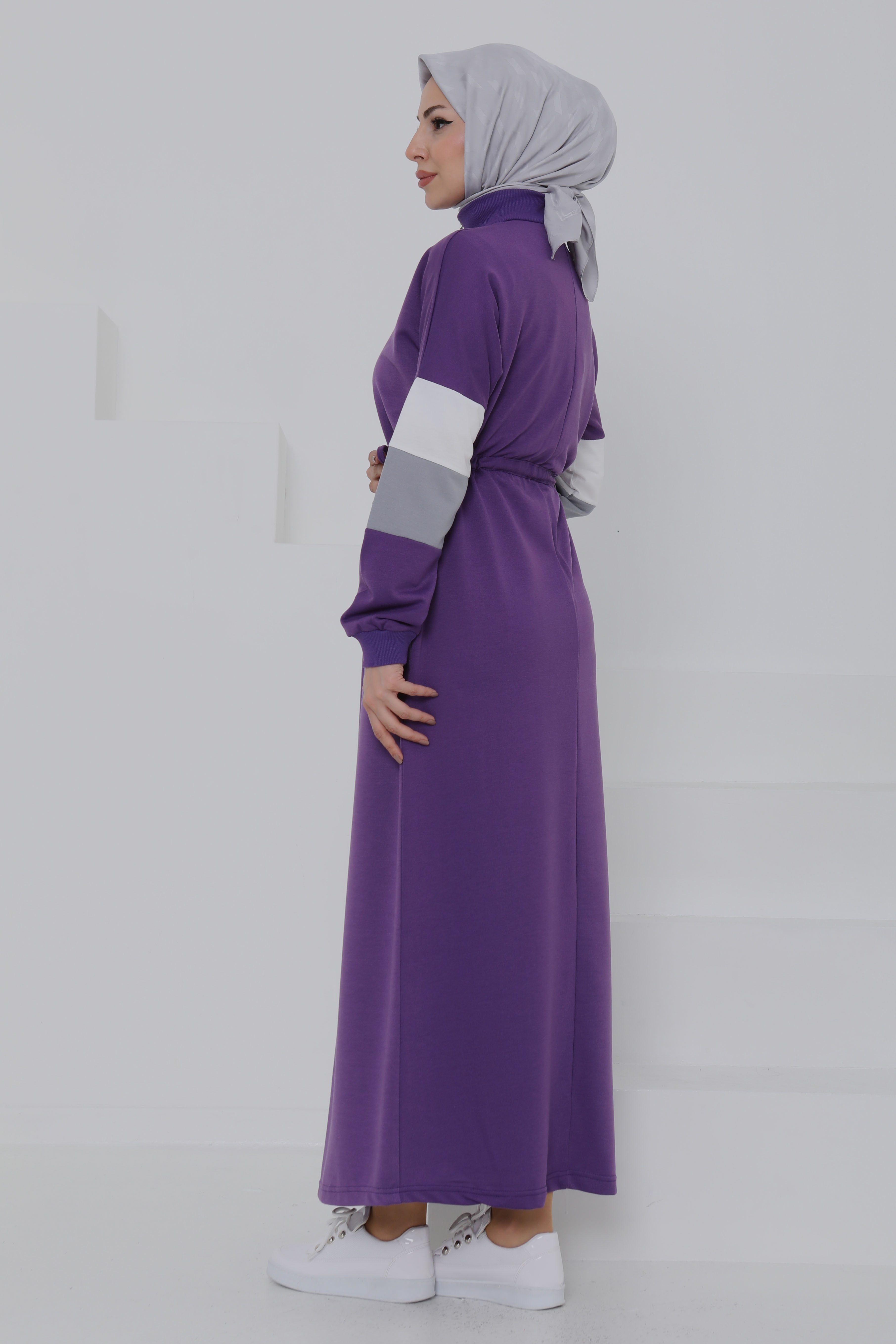 Garnili Fermuarlı Elbise Mor - 27047 - 6