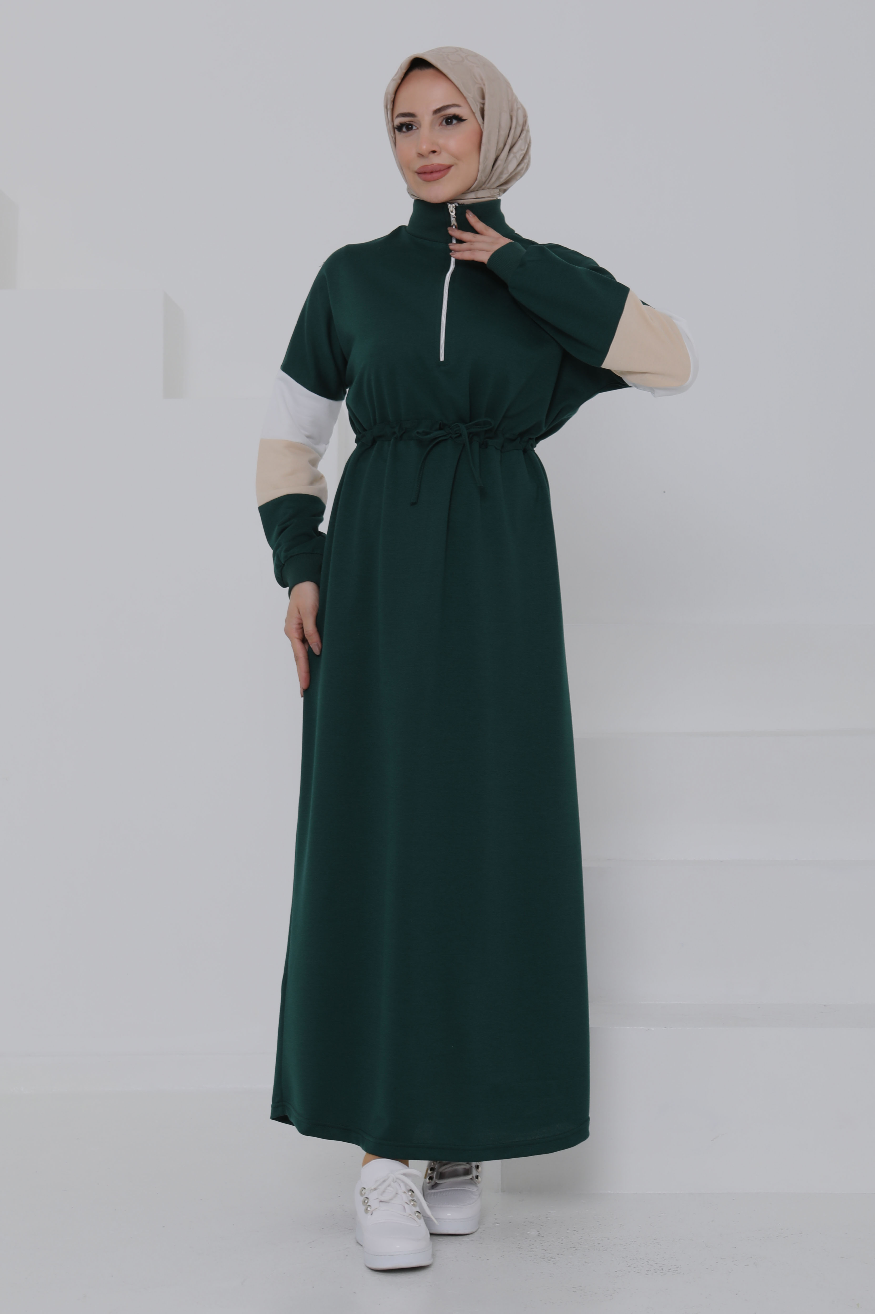 Garnili Fermuarlı Elbise Zümrüt - 27047 - 1