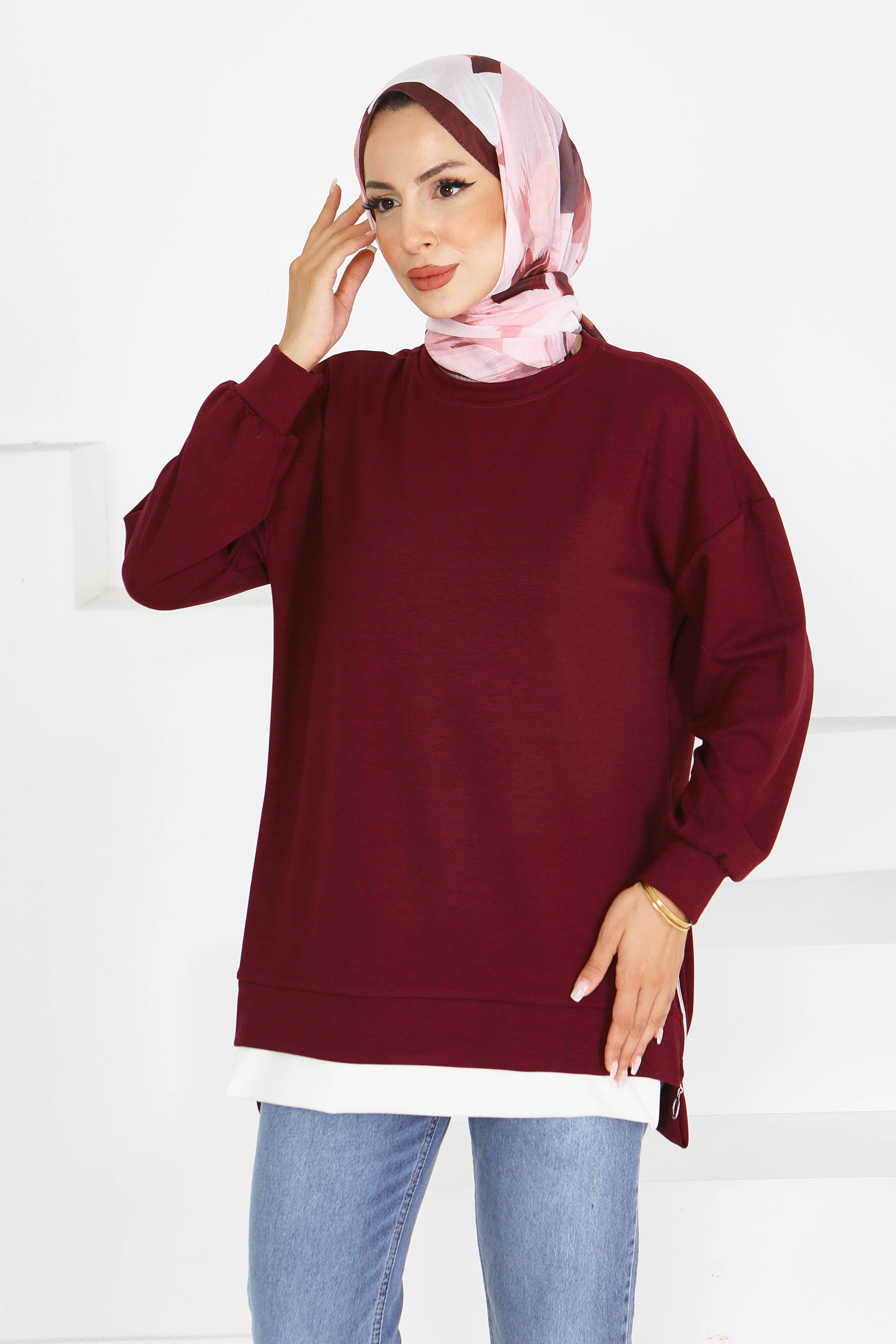 Garnili Fermuarlı İki İplik sweatshirt - 27610 - 2