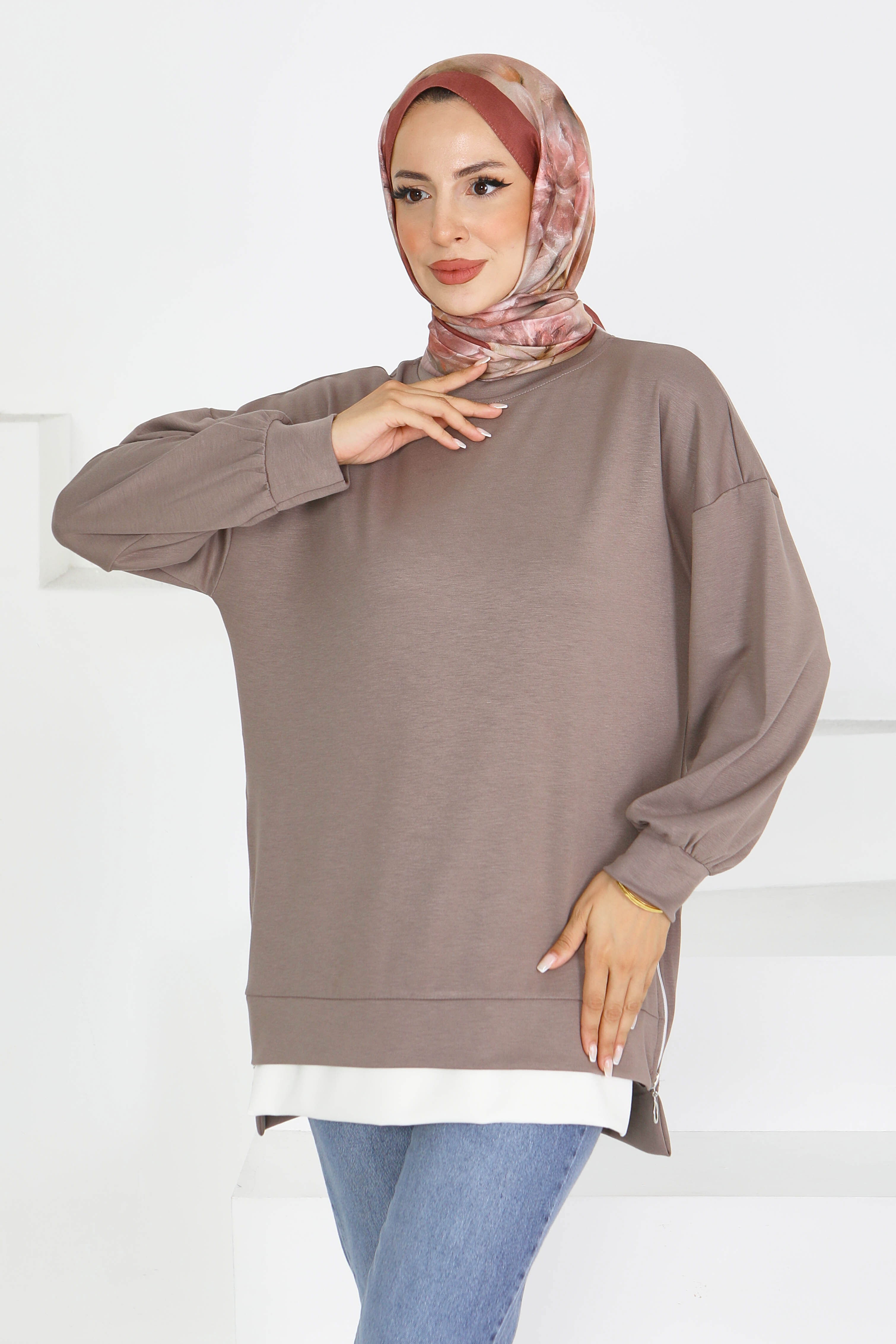 Garnili Fermuarlı İki İplik sweatshirt - 27610 - 2