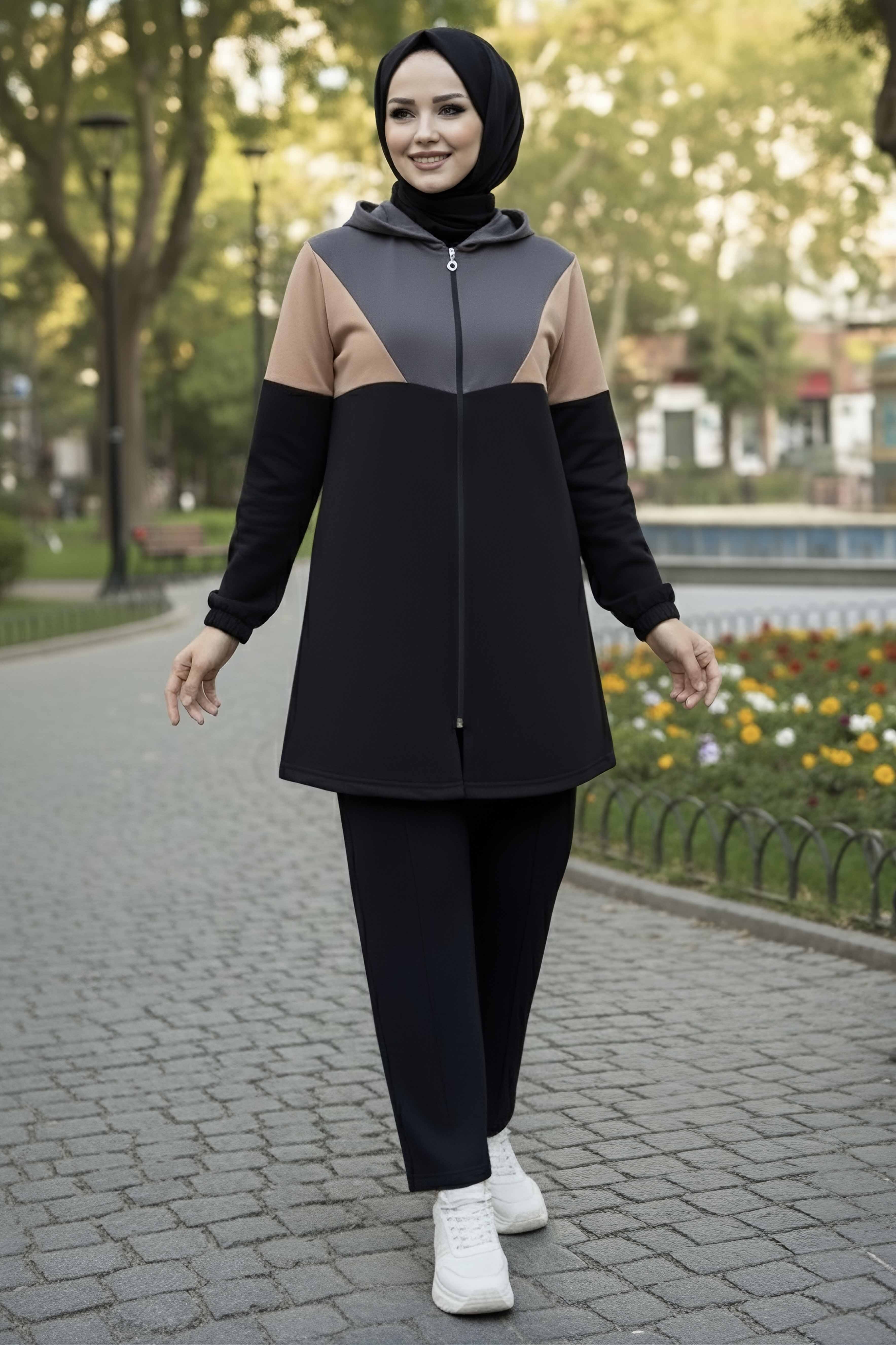 Garnili Fermuarlı İki İplik Tunik Pantolon - 13107-FUME - 1