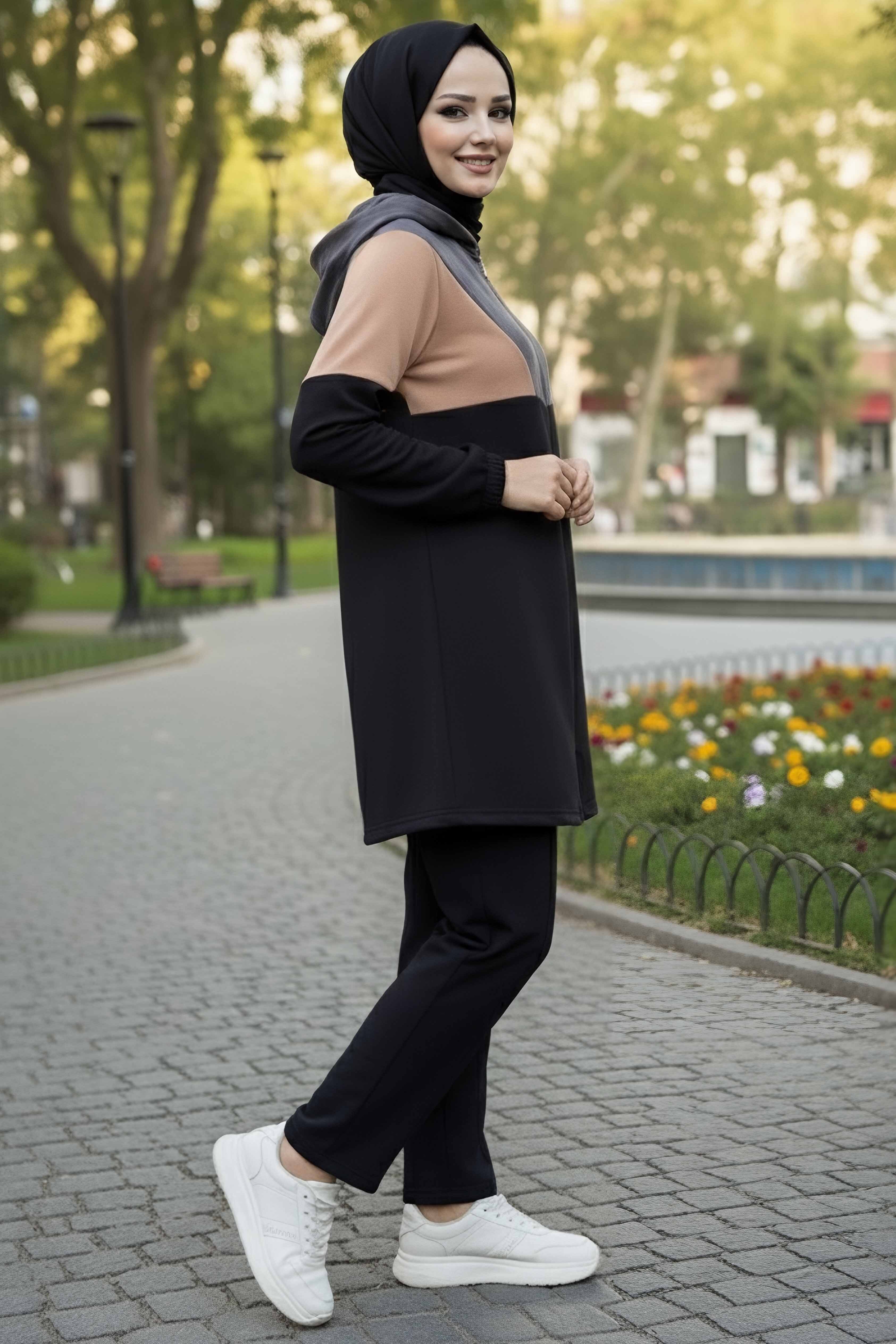 Garnili Fermuarlı İki İplik Tunik Pantolon - 13107-FUME - 2