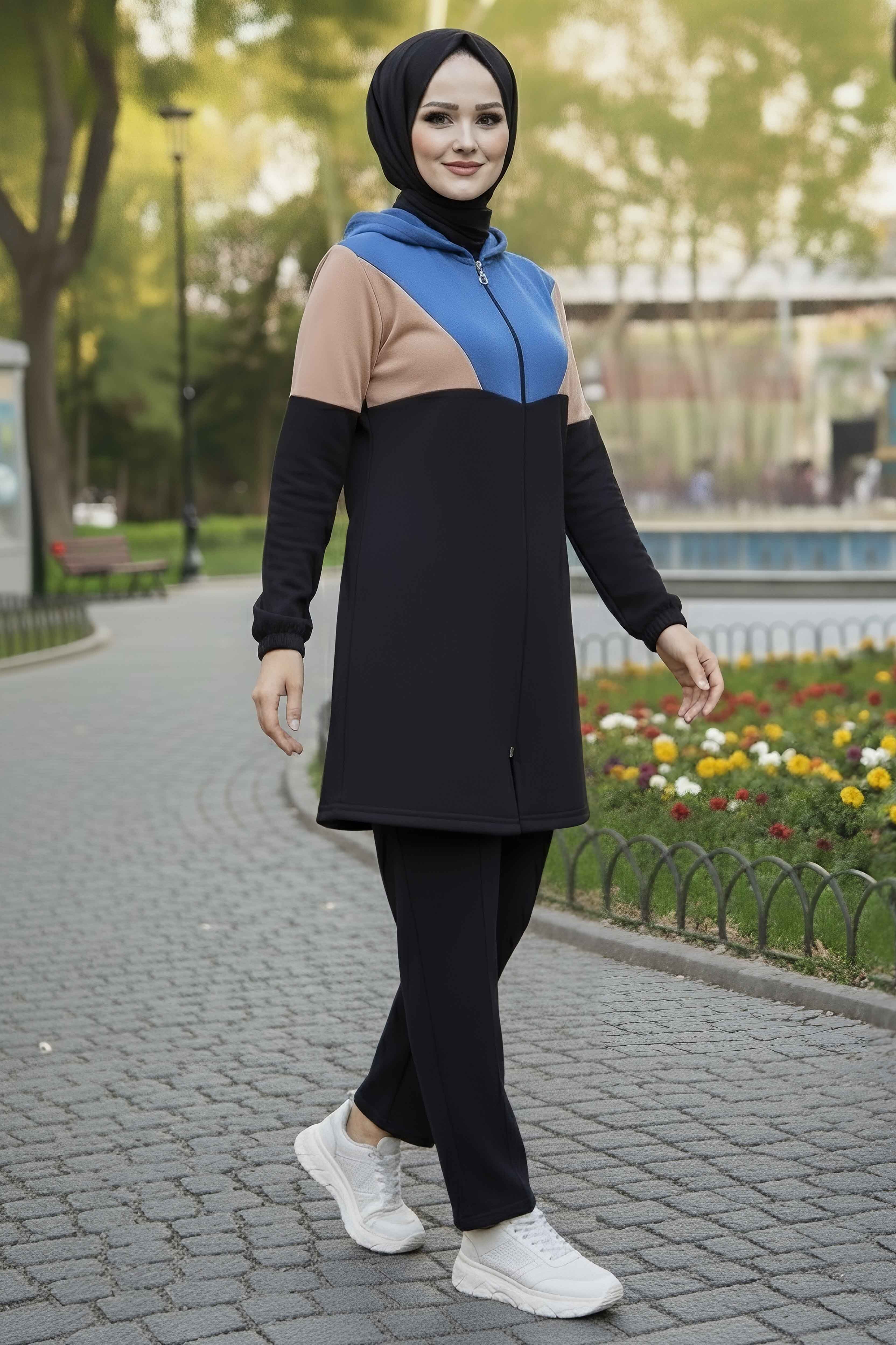 Garnili Fermuarlı İki İplik Tunik Pantolon - 13107-INDIGO - 1