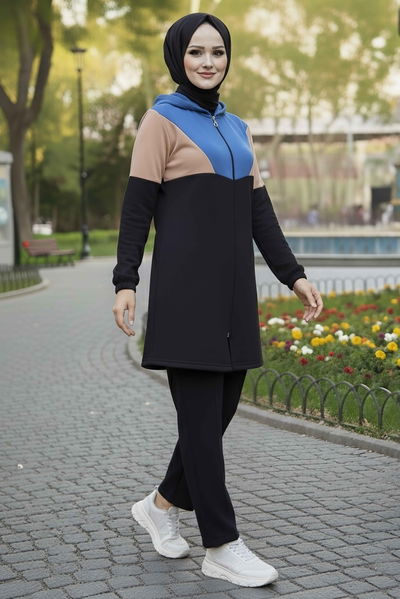 Garnili Fermuarlı İki İplik Tunik Pantolon - 13107-INDIGO 