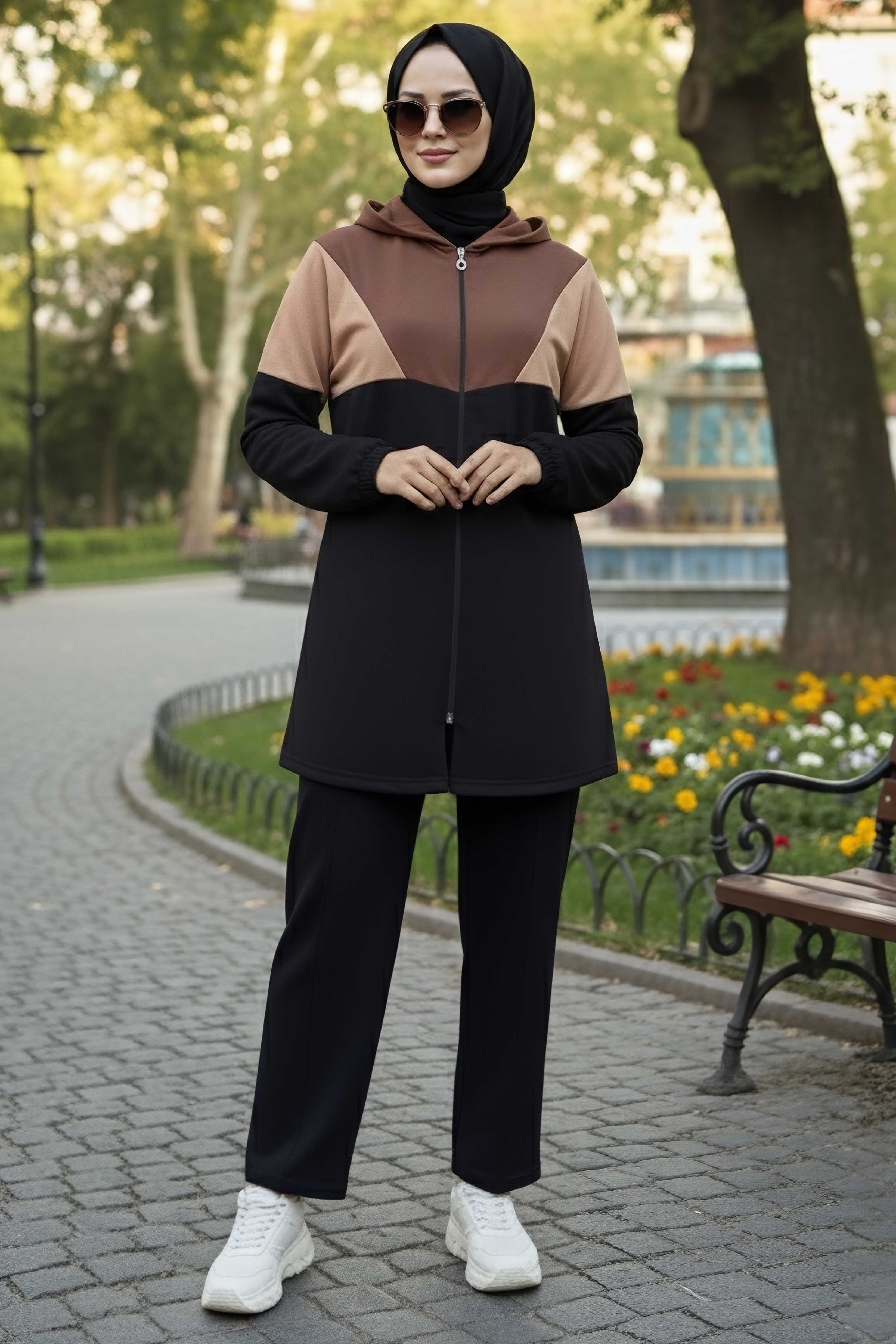 Garnili Fermuarlı İki İplik Tunik Pantolon - 13107-KAHVE - 2