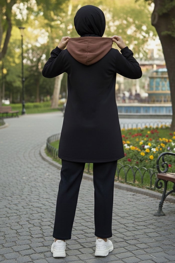 Garnili Fermuarlı İki İplik Tunik Pantolon - 13107-KAHVE - 3