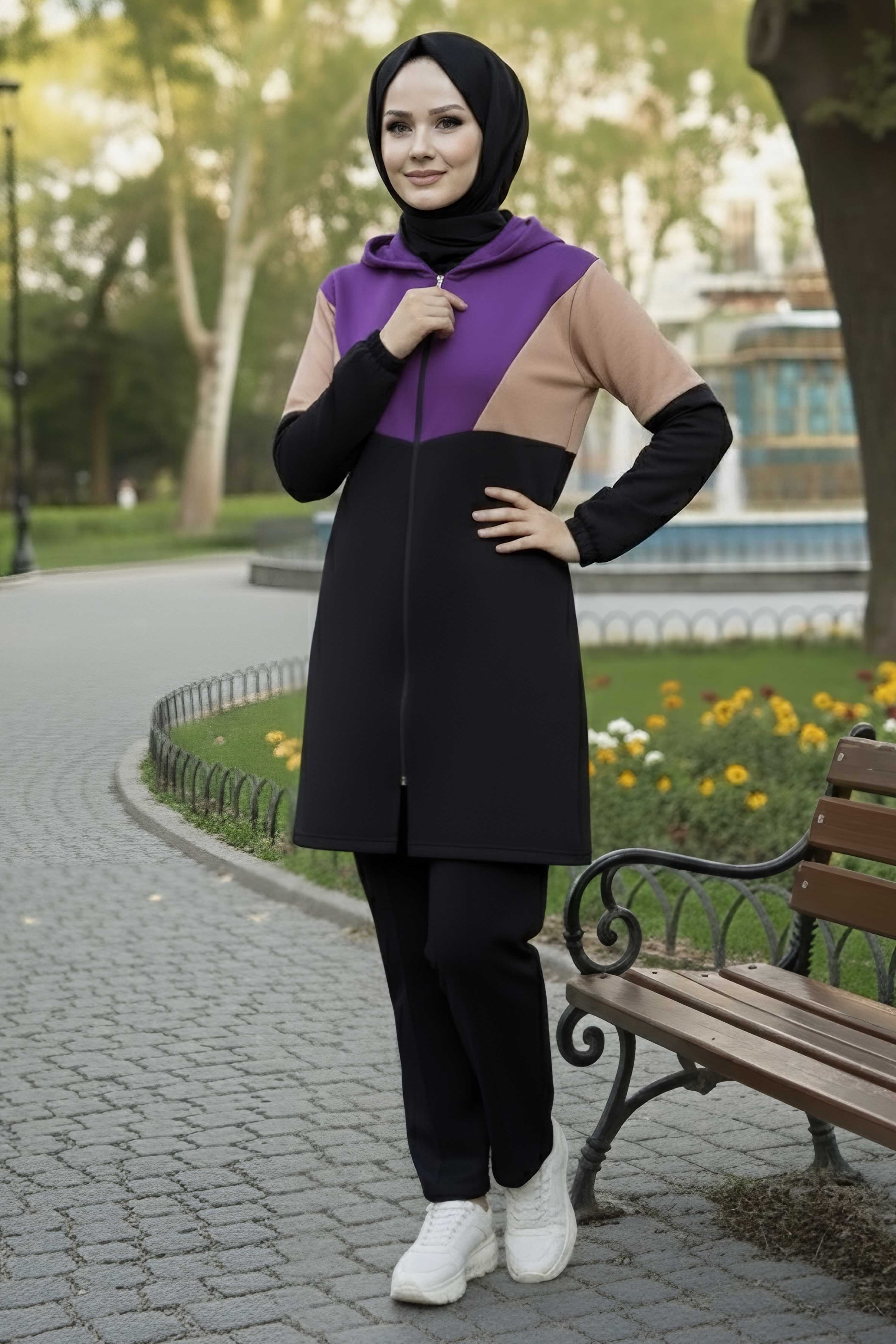 Garnili Fermuarlı İki İplik Tunik Pantolon - 13107-MOR - 2