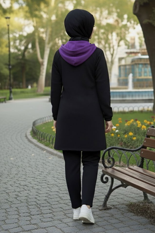 Garnili Fermuarlı İki İplik Tunik Pantolon - 13107-MOR - 3