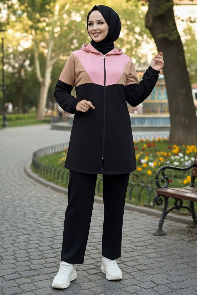 Garnili Fermuarlı İki İplik Tunik Pantolon - 13107-PEMBE - TOFİSA