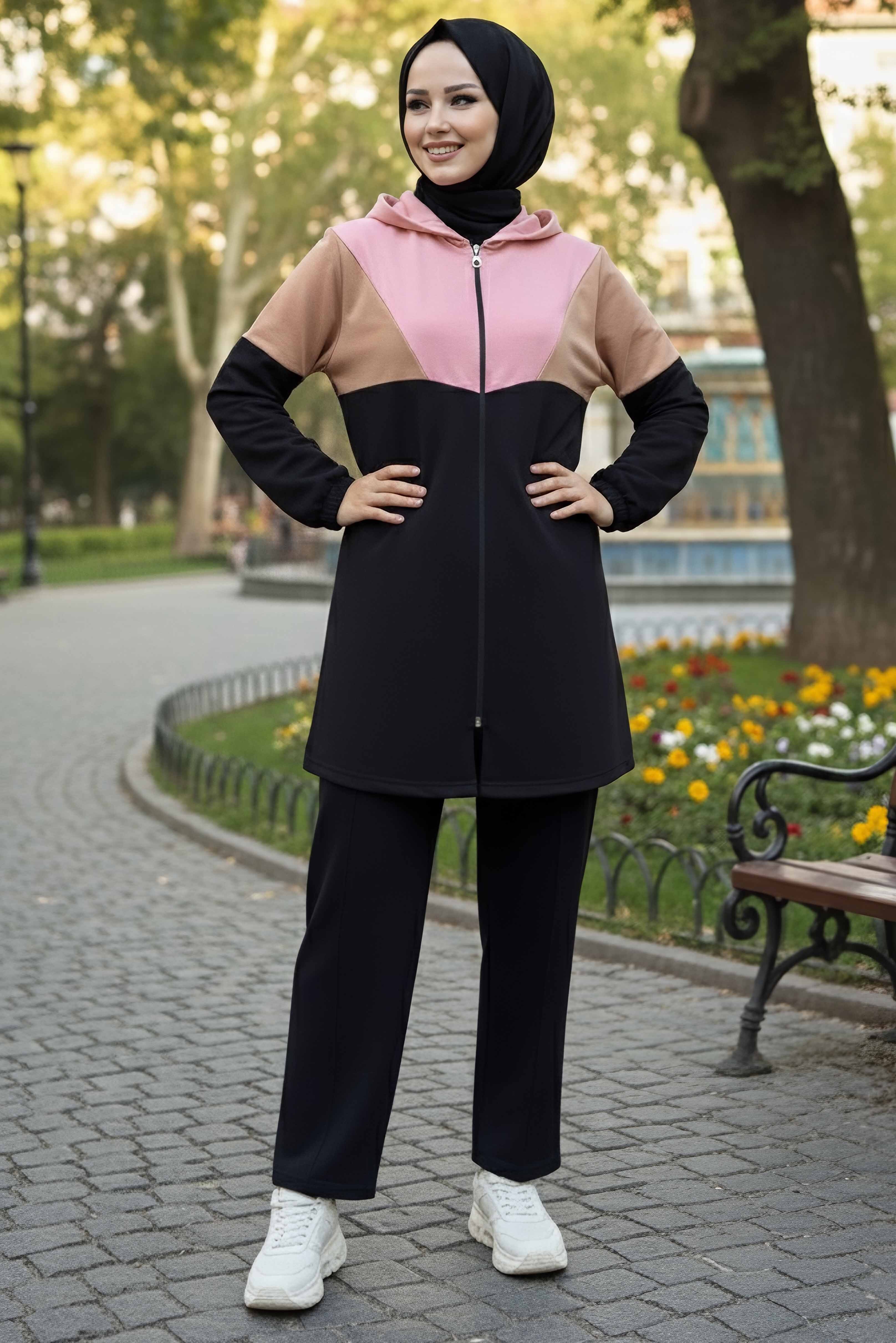 Garnili Fermuarlı İki İplik Tunik Pantolon - 13107-PEMBE - 2