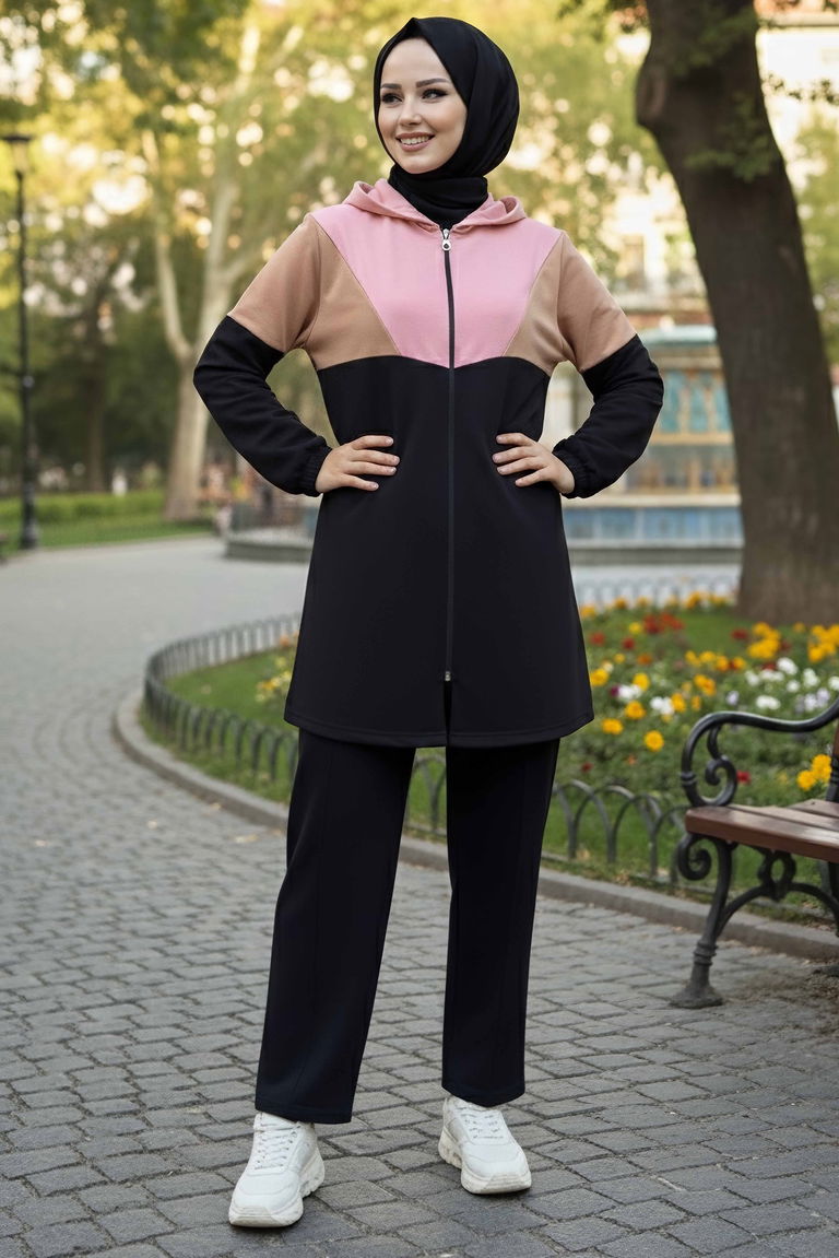 Garnili Fermuarlı İki İplik Tunik Pantolon - 13107-PEMBE - TOFİSA