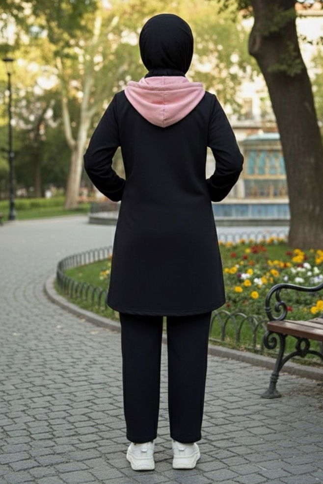 Garnili Fermuarlı İki İplik Tunik Pantolon - 13107-PEMBE - 3