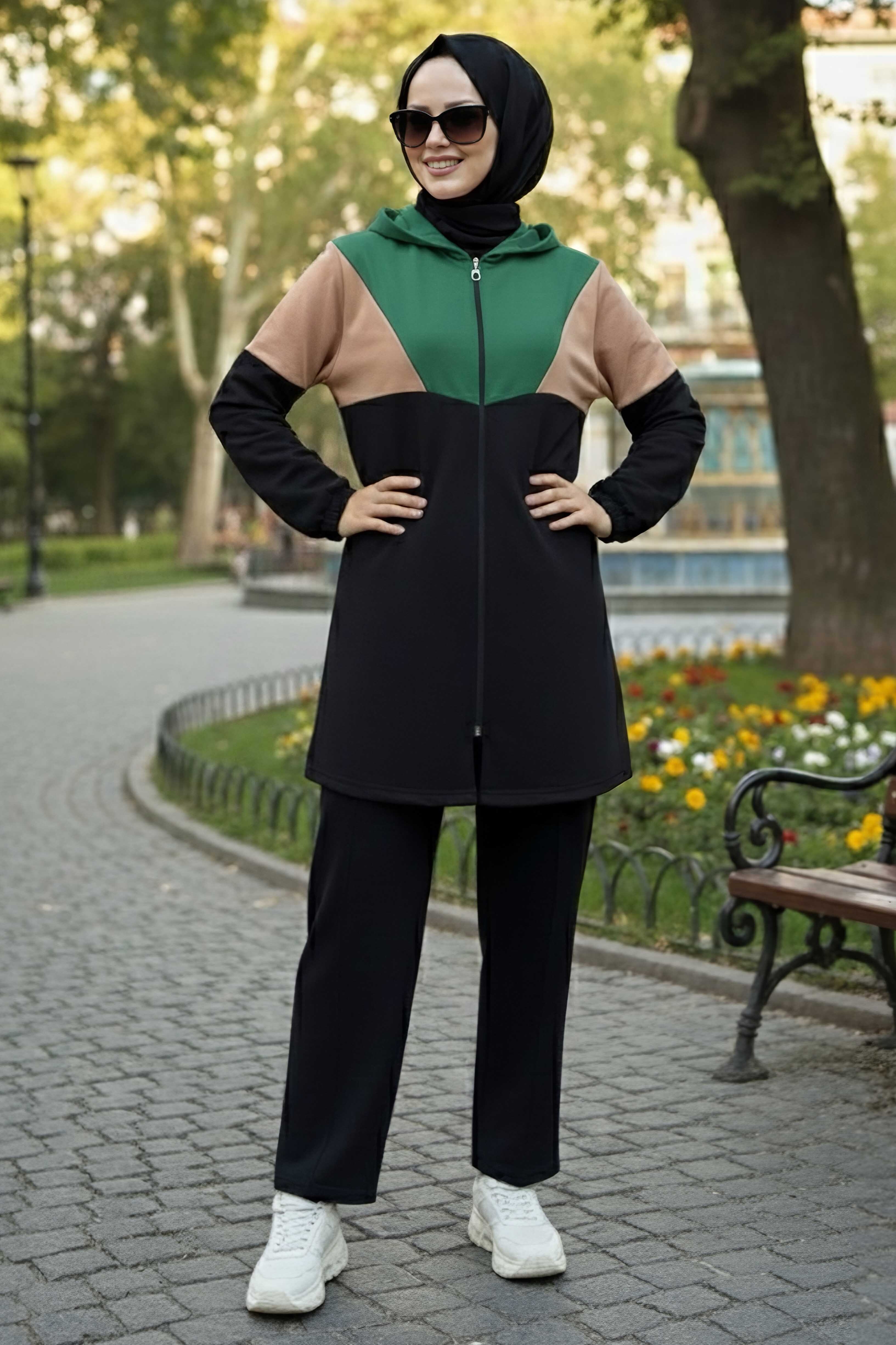 Garnili Fermuarlı İki İplik Tunik Pantolon - 13107-ZUMRUT - 1