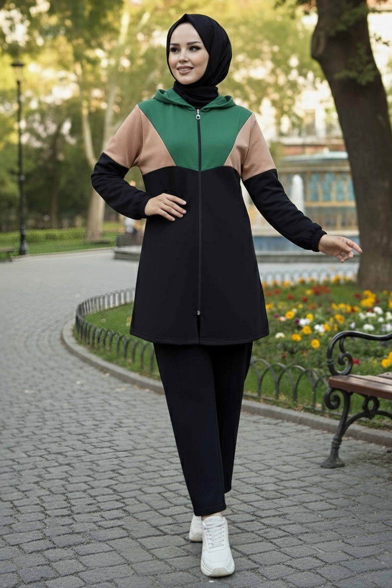 Garnili Fermuarlı İki İplik Tunik Pantolon - 13107-ZUMRUT - TOFİSA