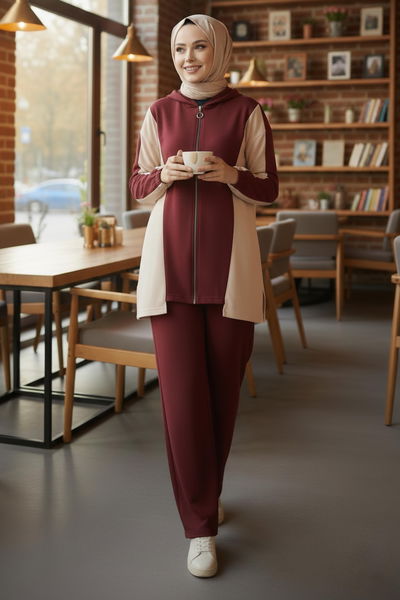 Garnili Fermuarlı Modal İkili Takım - 1007-BORDO 