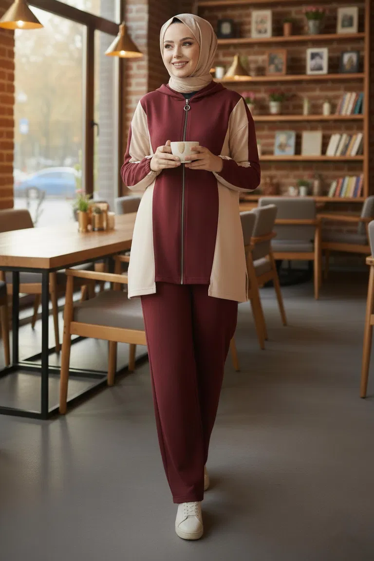 Garnili Fermuarlı Modal İkili Takım - 1007-BORDO - TOFİSA