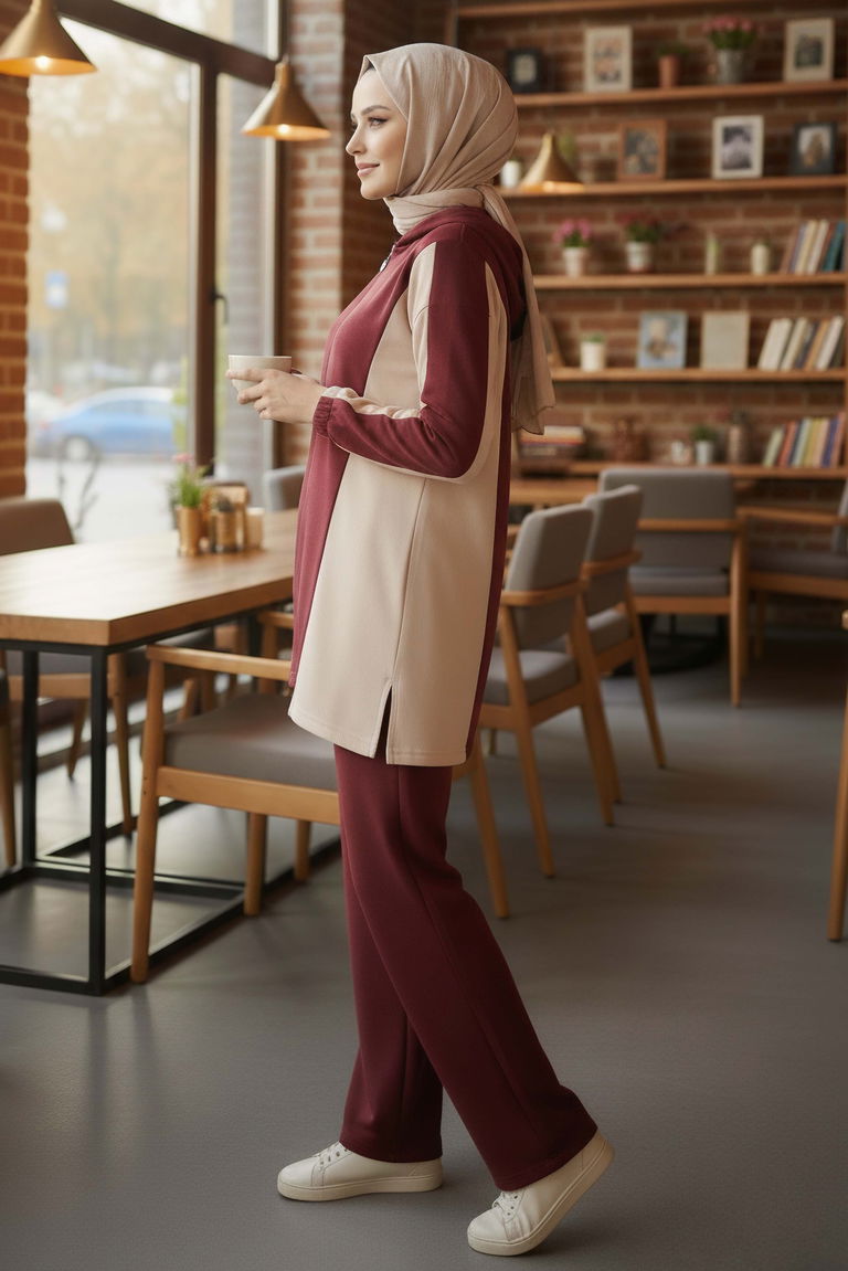 Garnili Fermuarlı Modal İkili Takım - 1007-BORDO - TOFİSA