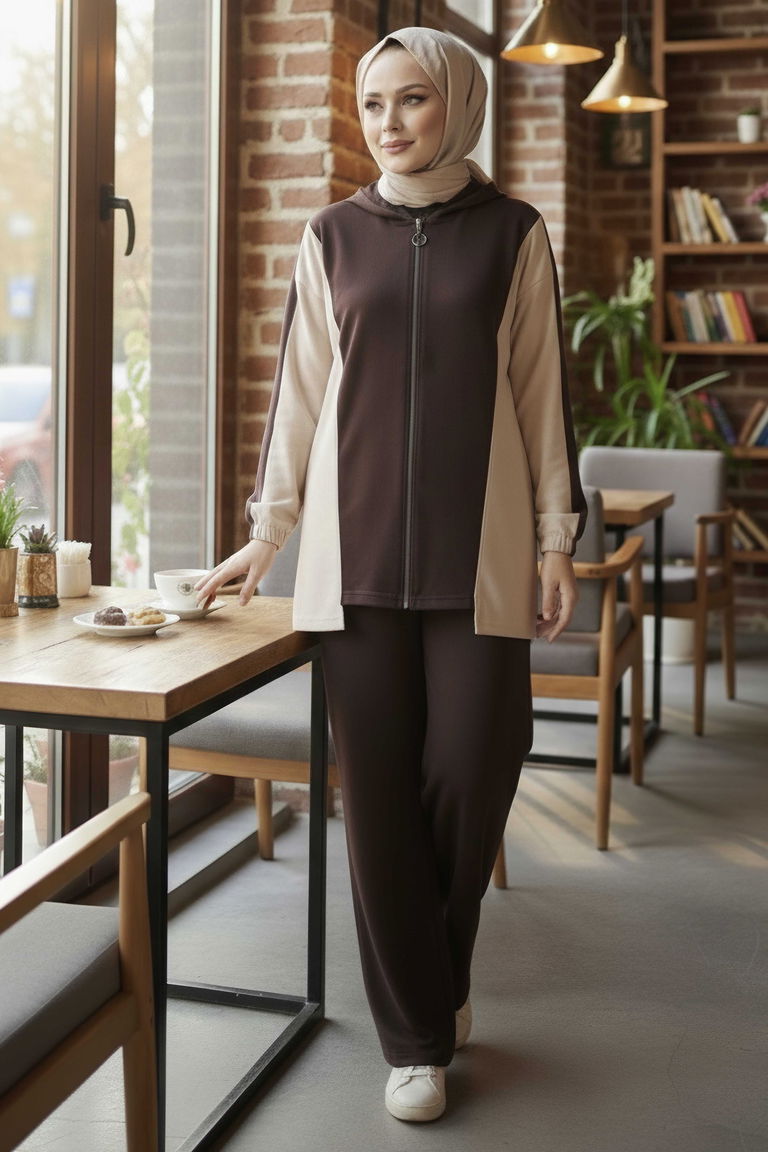 Garnili Fermuarlı Modal İkili Takım - 1007-KAHVE - TOFİSA