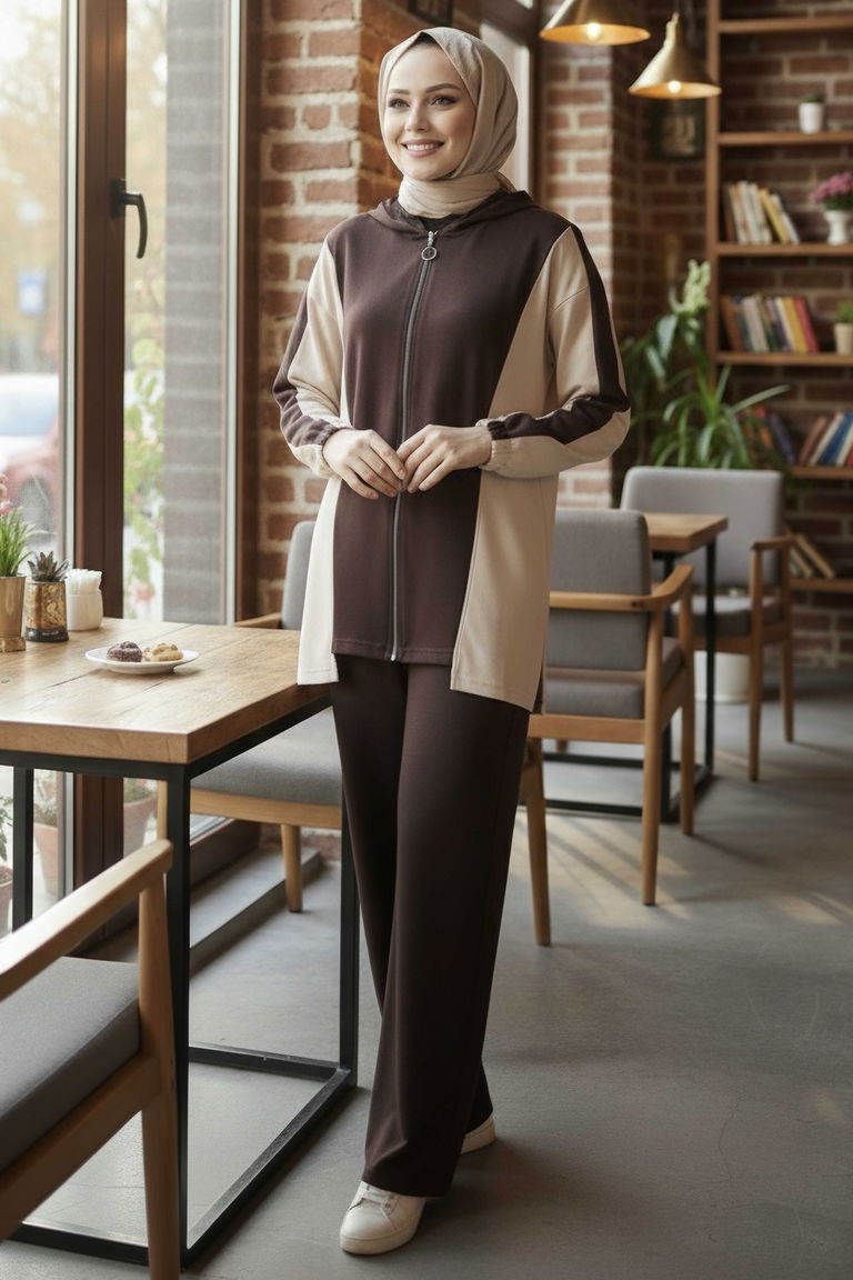 Garnili Fermuarlı Modal İkili Takım - 1007-KAHVE - TOFİSA