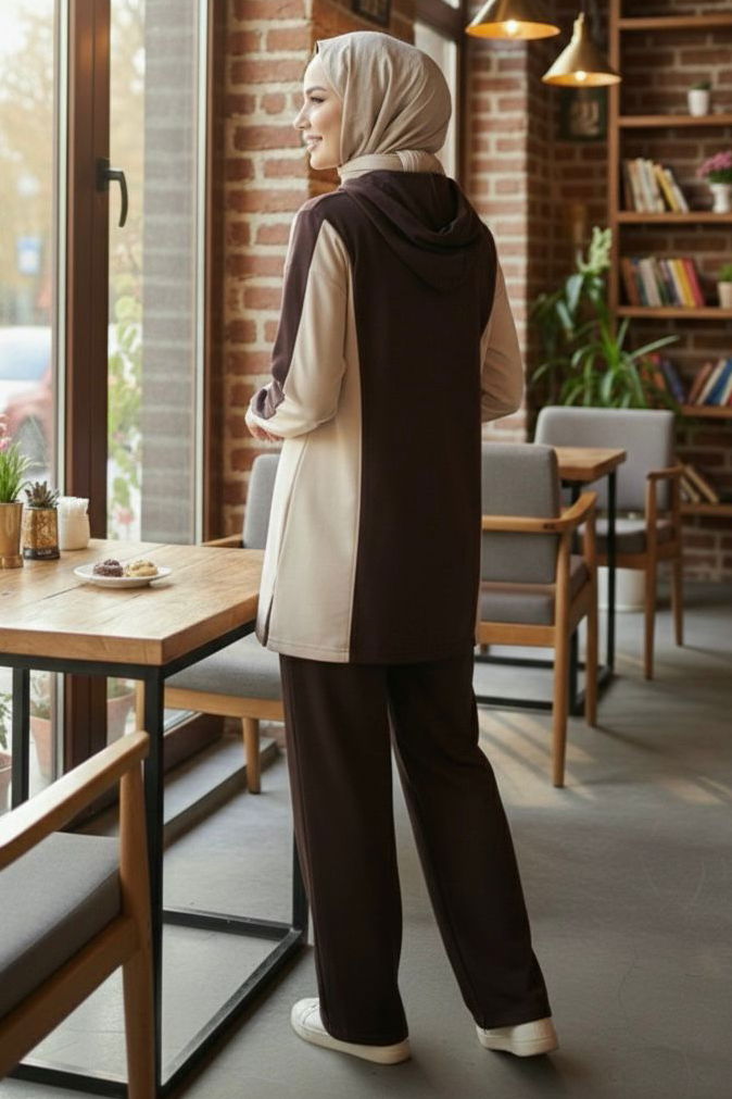 Garnili Fermuarlı Modal İkili Takım - 1007-KAHVE - TOFİSA